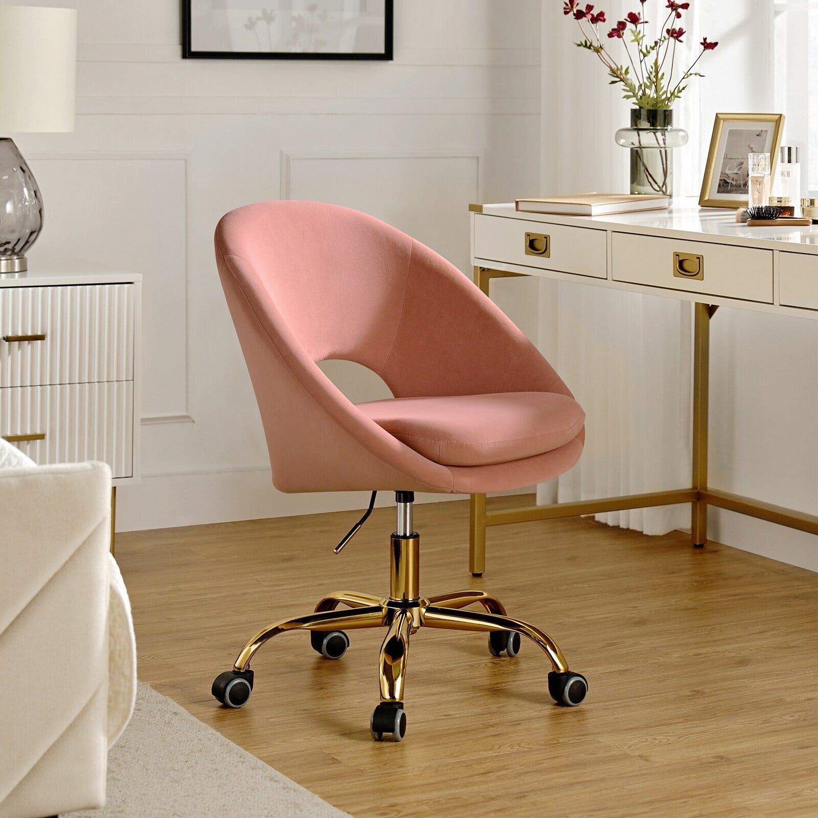 Blush Pink Velvet Swivel Task Chair with Golden Metal Base