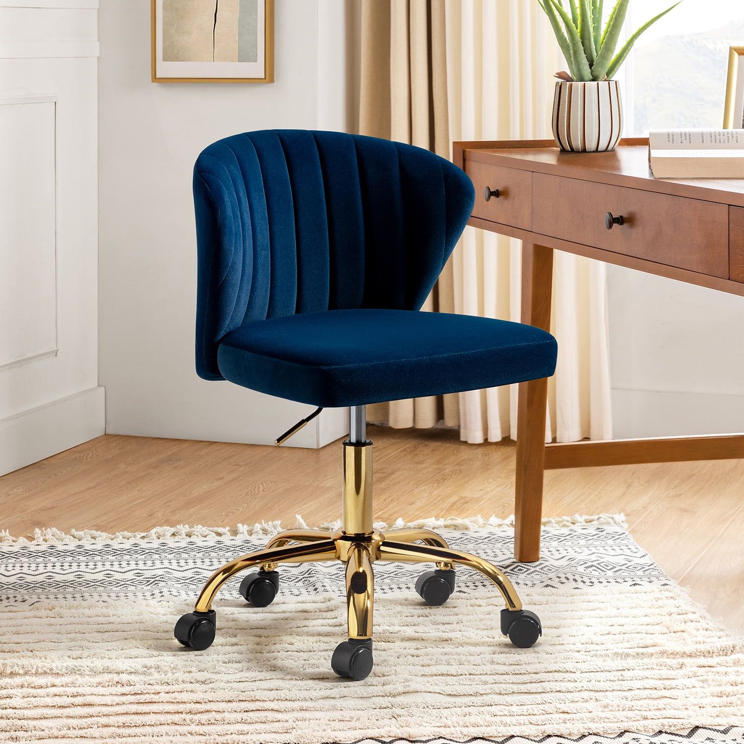 Ergonomic Navy Velvet Armless Task Chair with Gold Metal Base