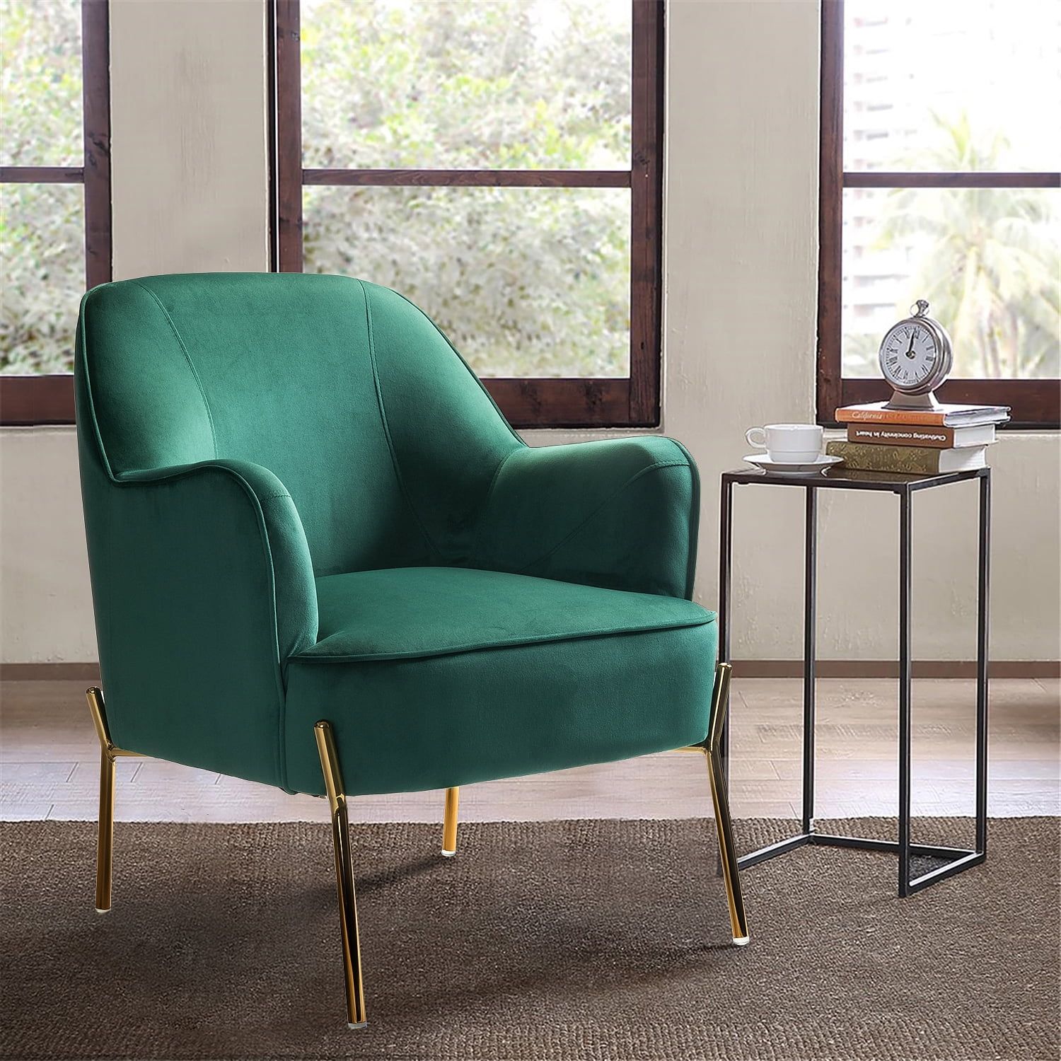 Elegant Mid-Century Green Velvet Accent Chair with Golden Legs