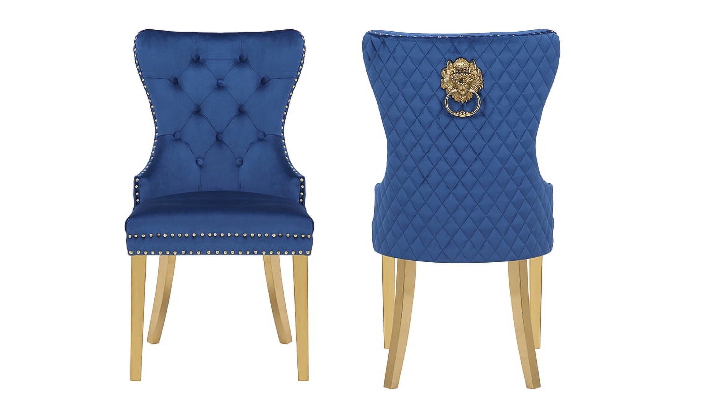 Blue Velvet Upholstered Dining Chairs with Gold Legs, Set of 2