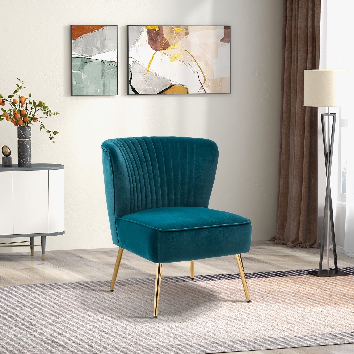 Teal Velvet Wingback Accent Chair with Gold Metal Legs