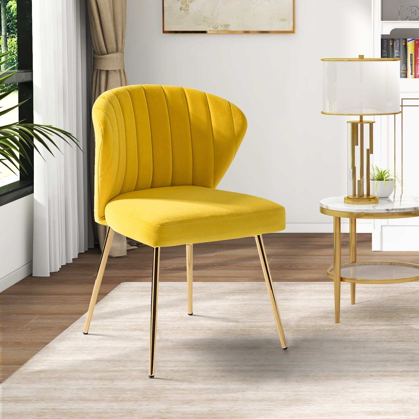 Yellow Velvet Tufted Accent Chair with Gold Legs