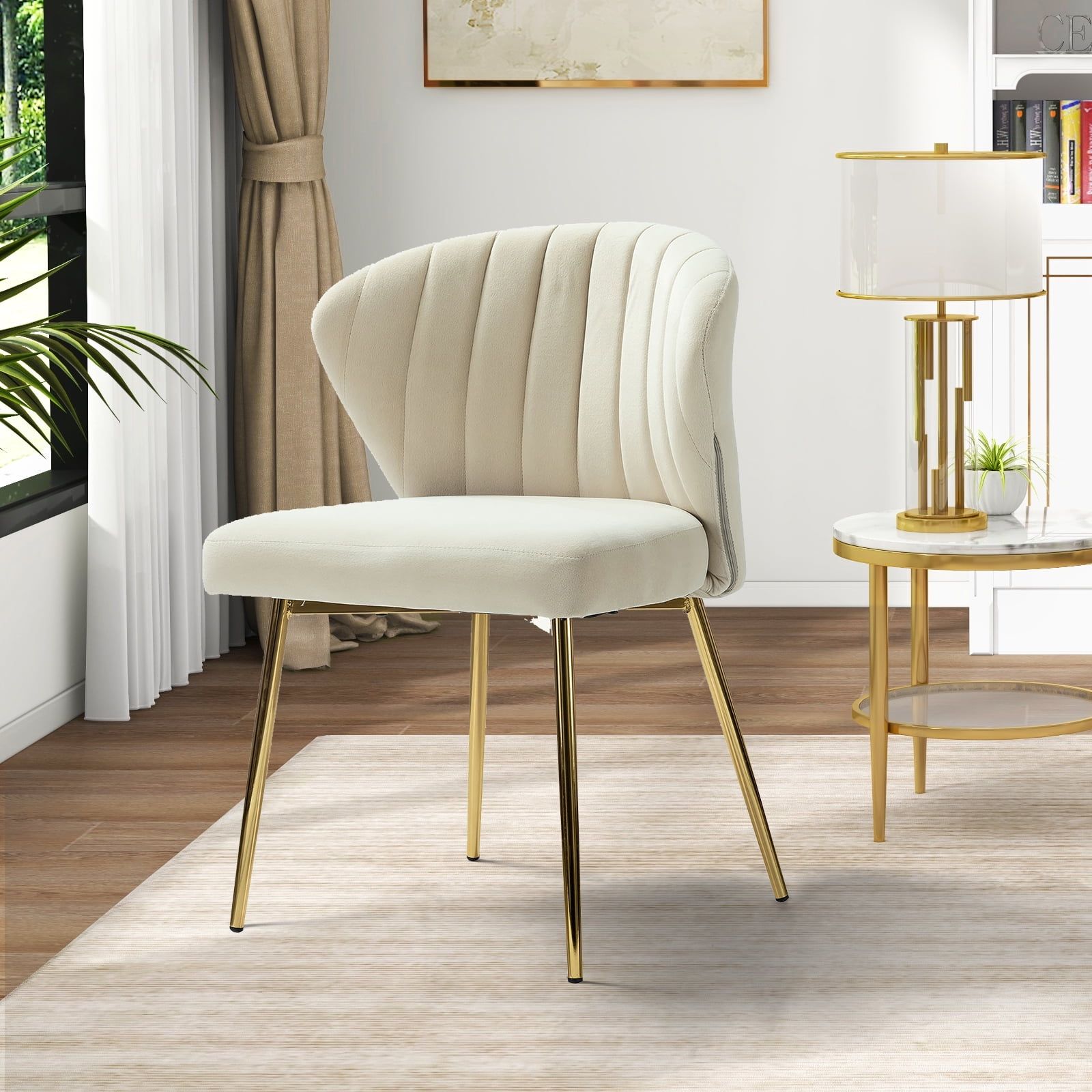 Tan Velvet Upholstered Side Chair with Gold Metal Legs