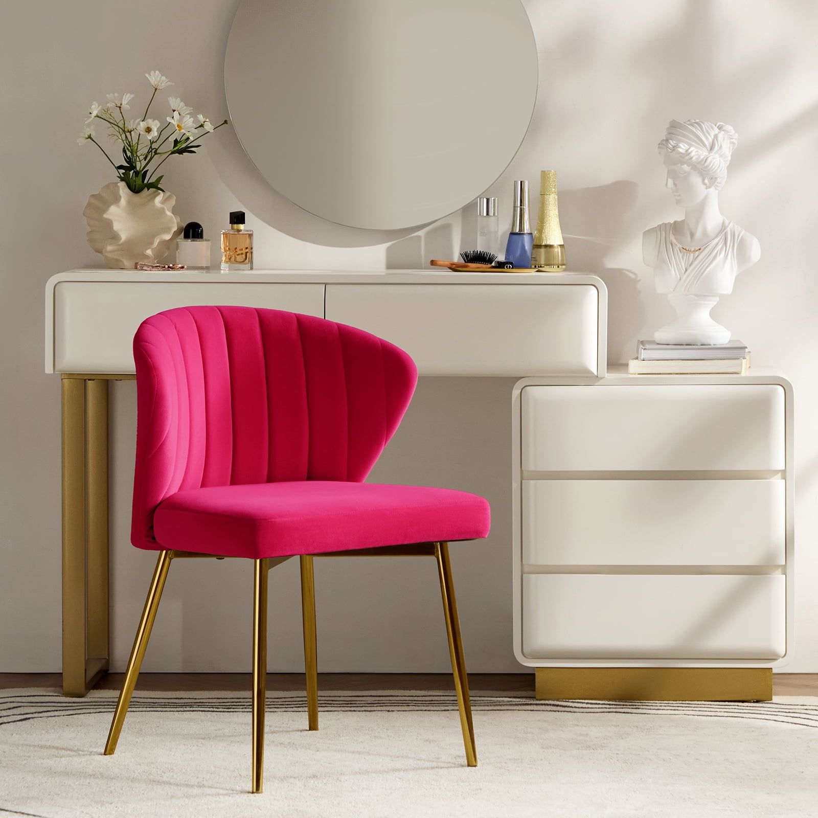 Fuchsia Velvet Upholstered Side Chair with Gold Metal Legs