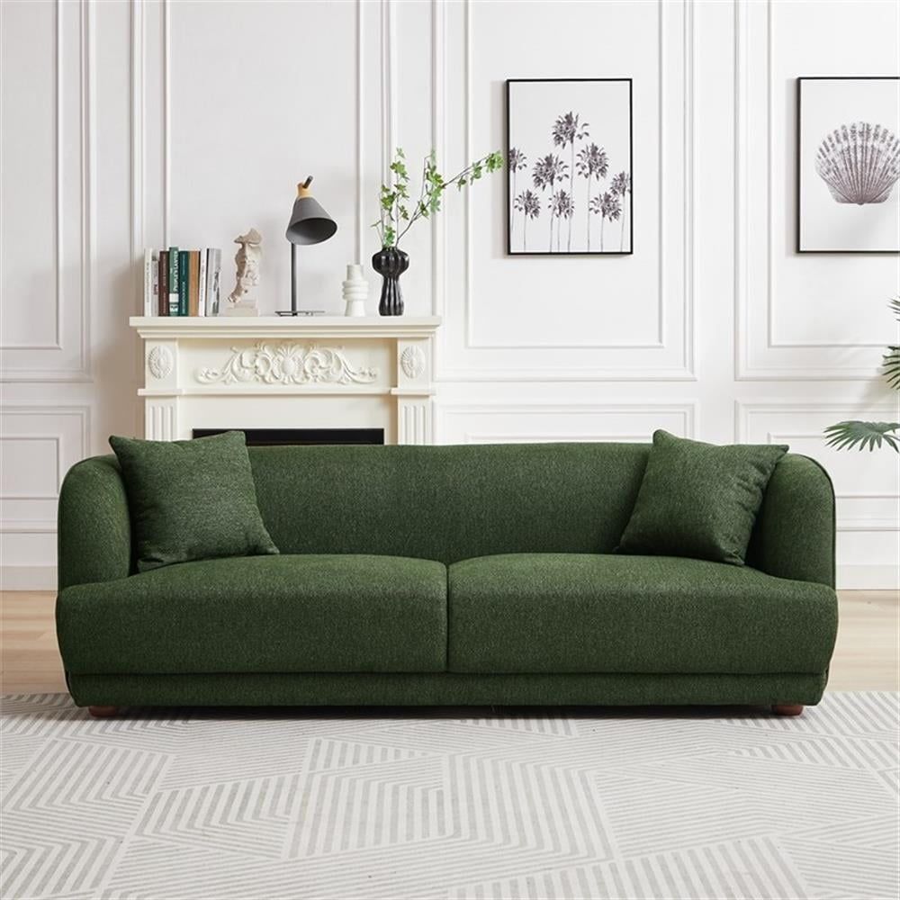 Green Linen Mid-Century Modern Sofa with Solid Wood Legs