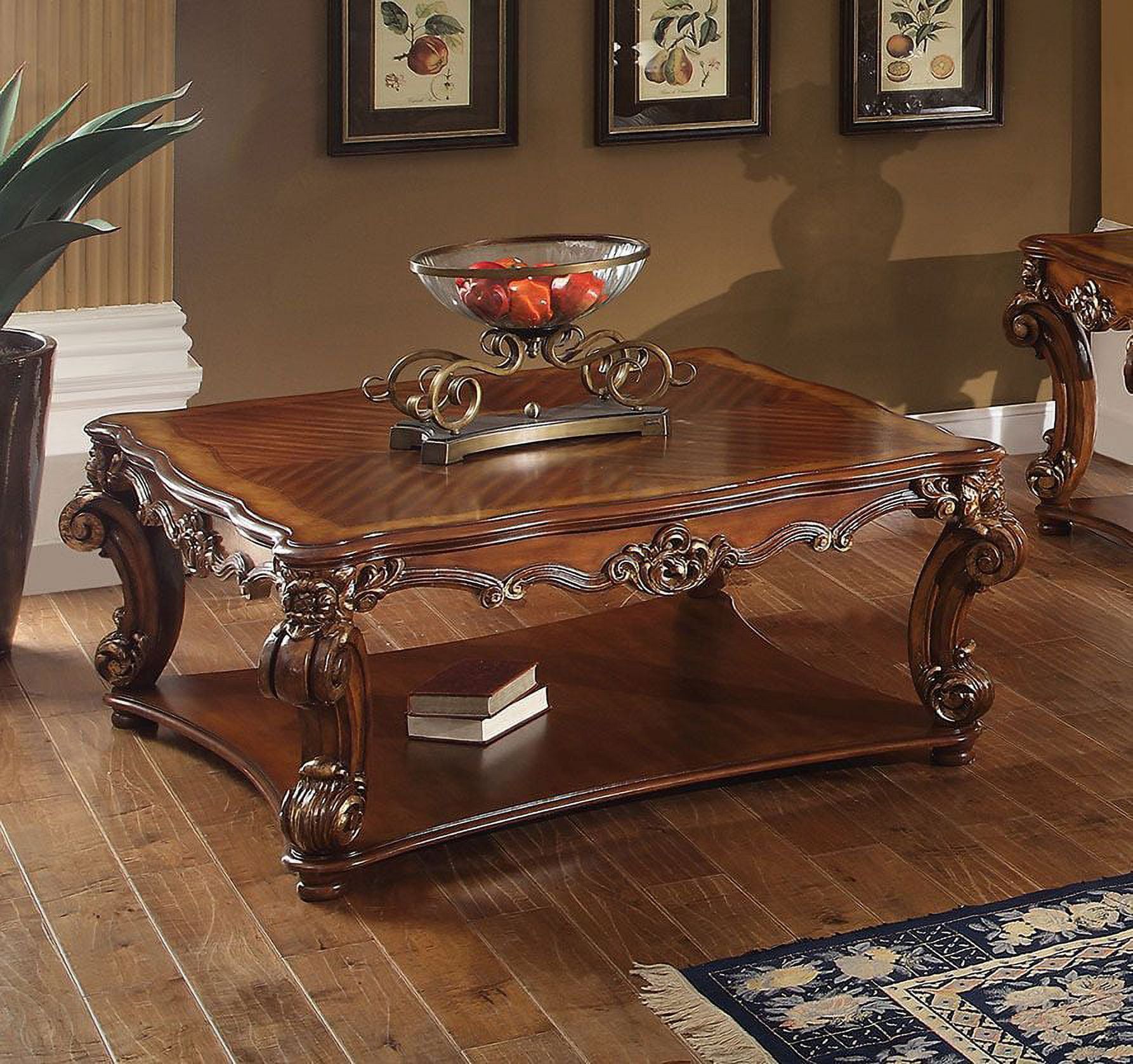 Traditional Cherry Wood 50" Square Coffee Table with Shelf