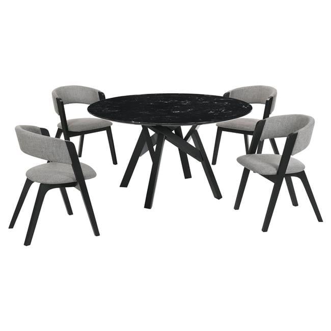 Venus 54" Black Marble Round Dining Table with 4 Gray Upholstered Chairs