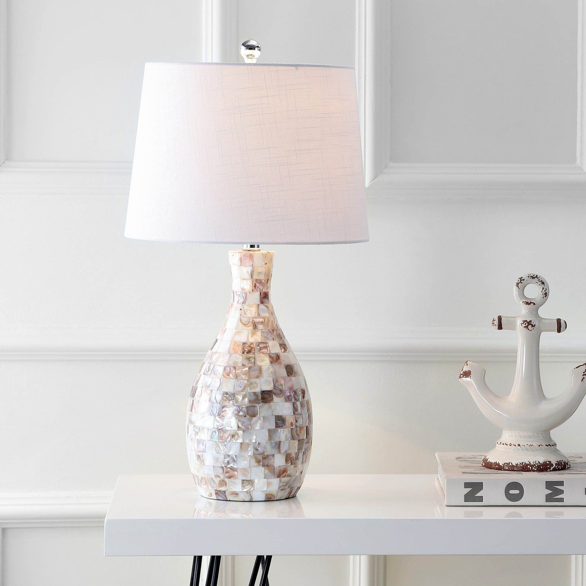 Ivory and Beige Capiz Shell Mosaic Table Lamp with White Linen Shade