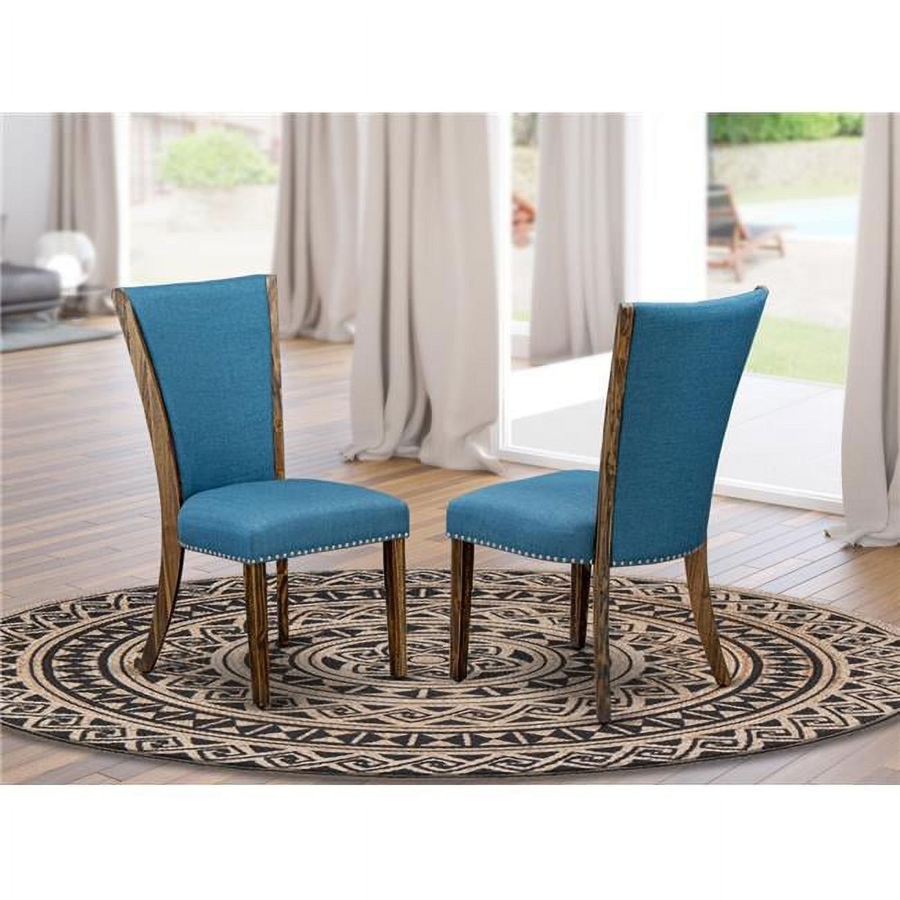 Blue Linen Upholstered Parsons Side Chair with Nailhead Trim