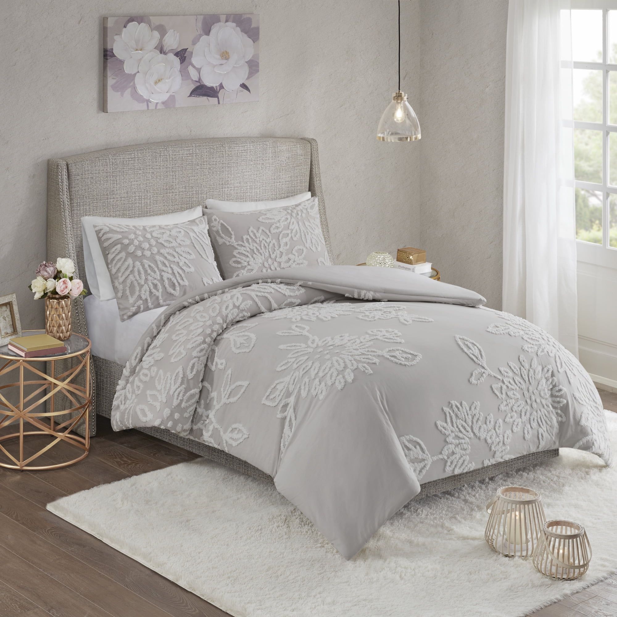 Danica Warm Grey & White Floral Cotton Chenille Duvet Cover Set, Full/Queen