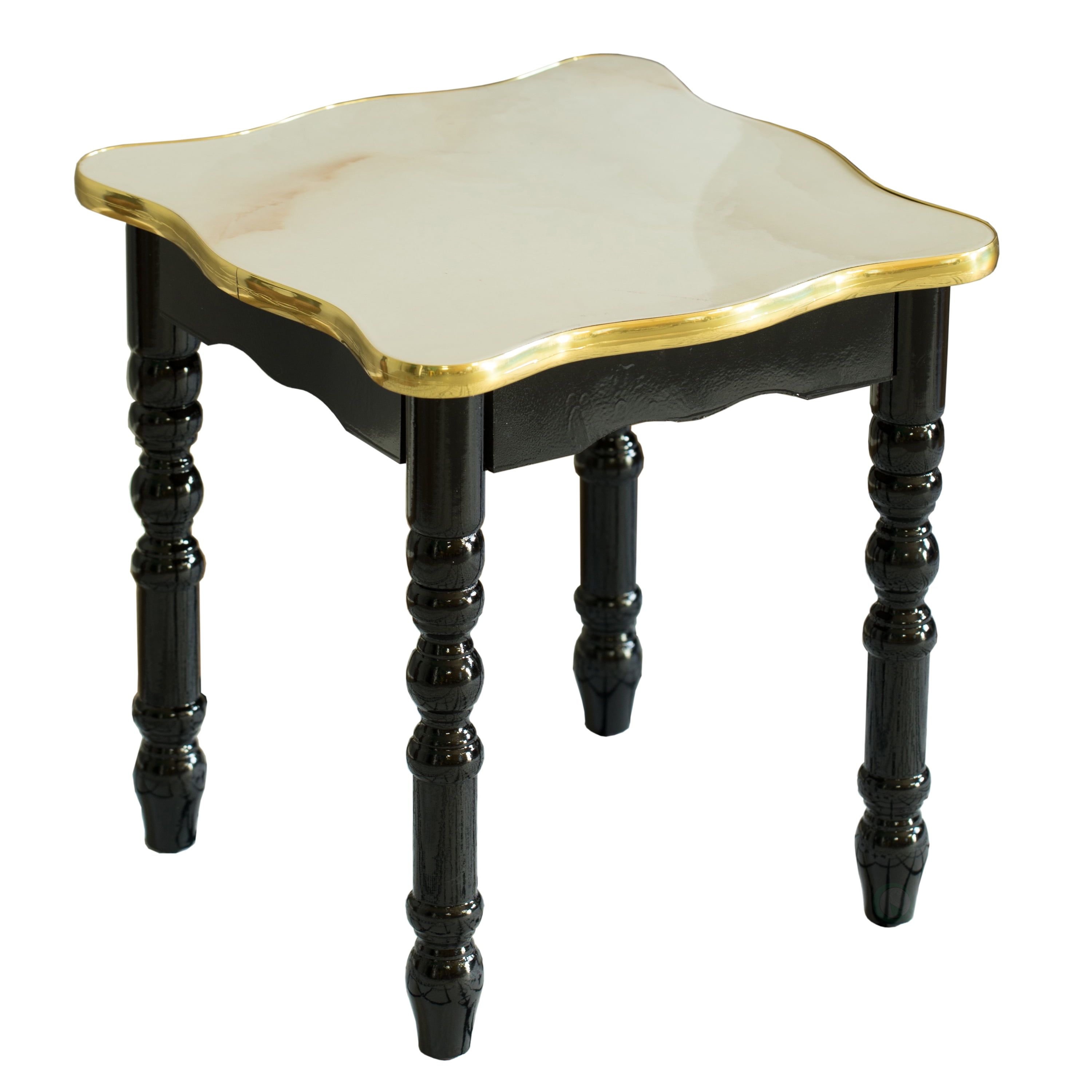 Espresso Square Wooden and Marble Accent Table with Gold Trim