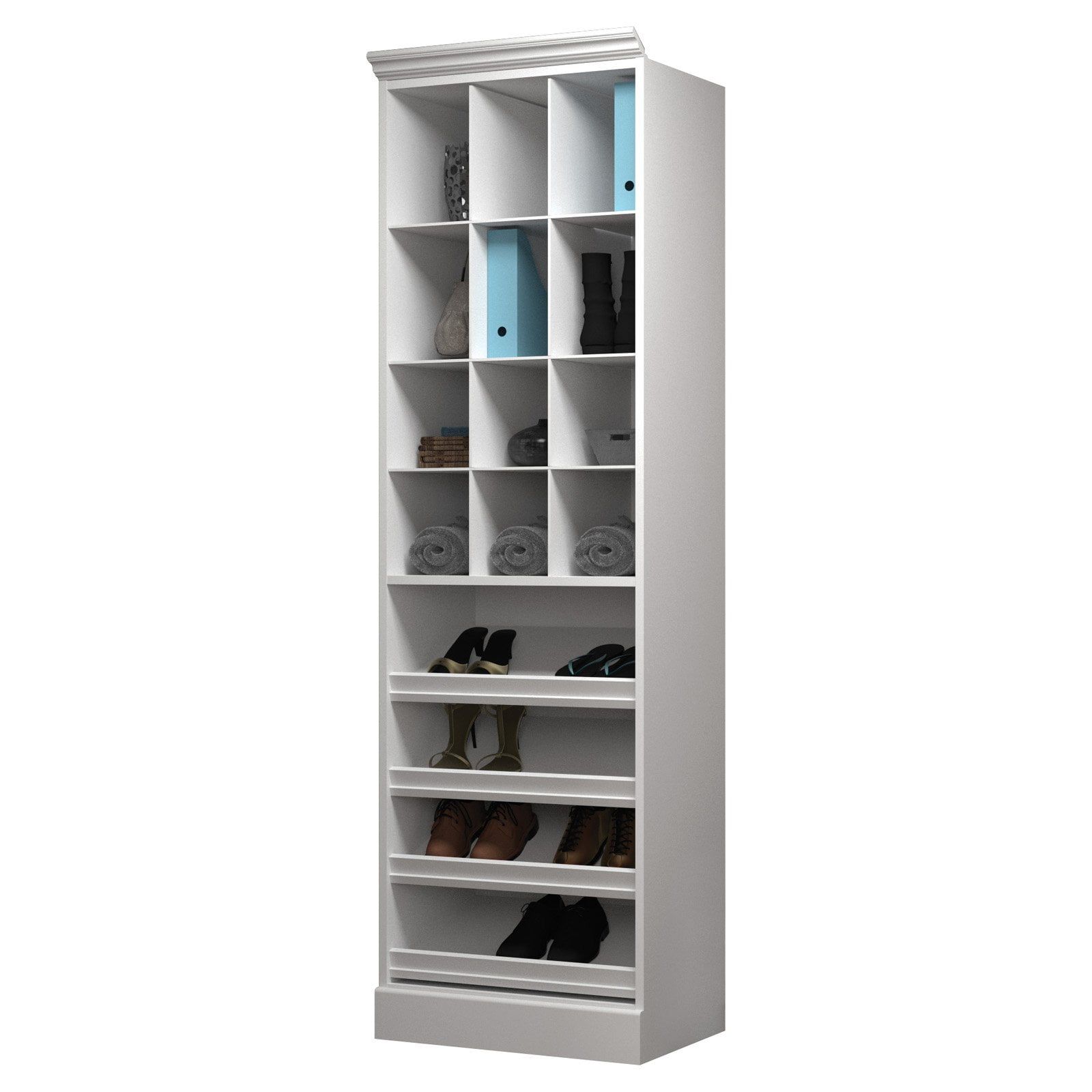 Modern White 25" Cubby Storage Tower with Slanted Shelves