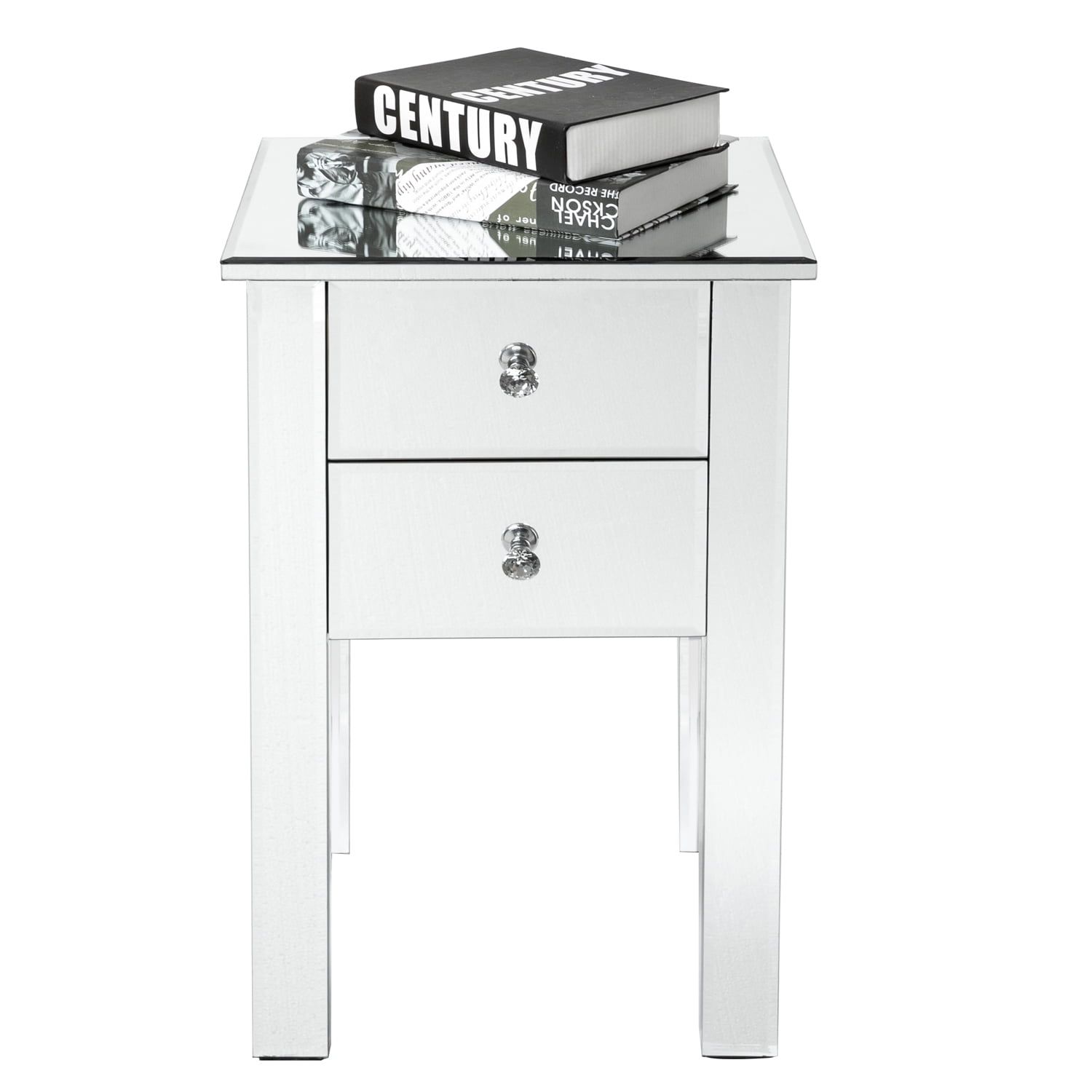 Silver Mirrored 2-Drawer Nightstand with Crystal Knobs