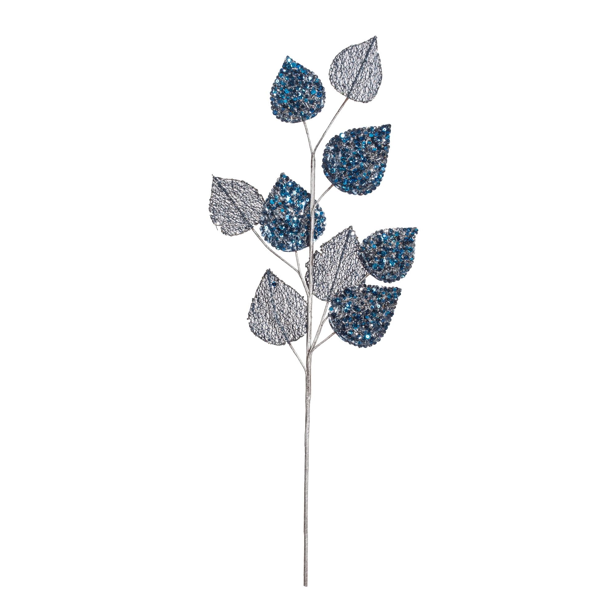 Traditional Blue Glitter Mesh Mulberry Leaf Christmas Spray 3-Pack