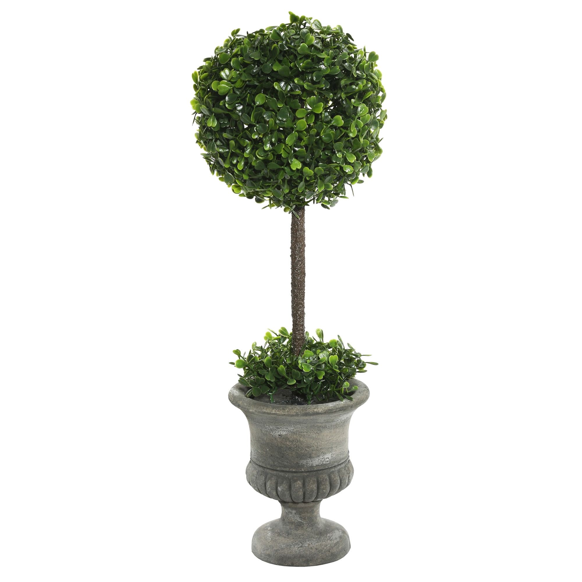 21" Green Plastic Boxwood Topiary in Gray Pedestal Urn