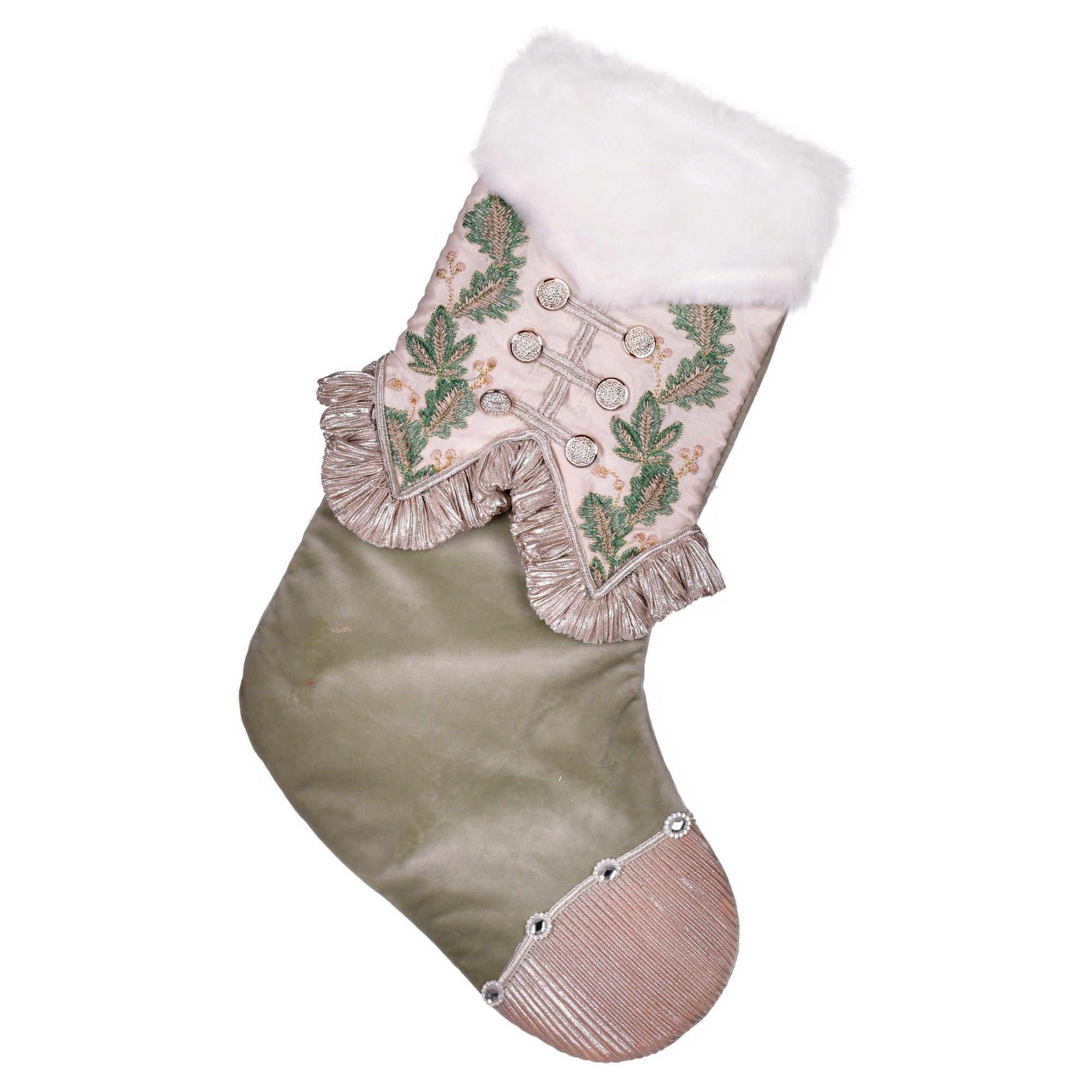 21" Green and Beige Velvet Christmas Stocking with Holly Leaf Embellishments