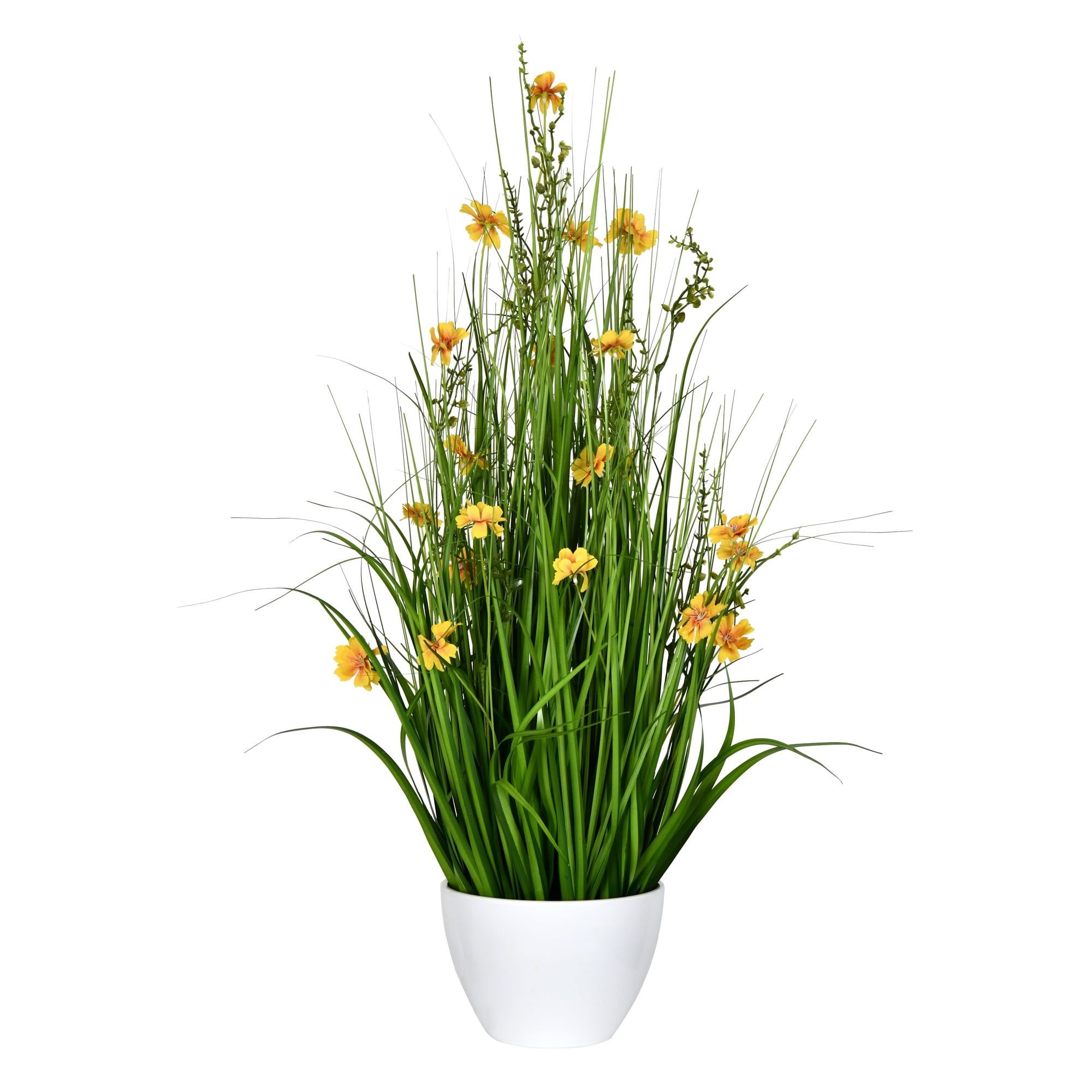 31" Elegant Outdoor Faux Yellow Cosmos & Green Grass Arrangement