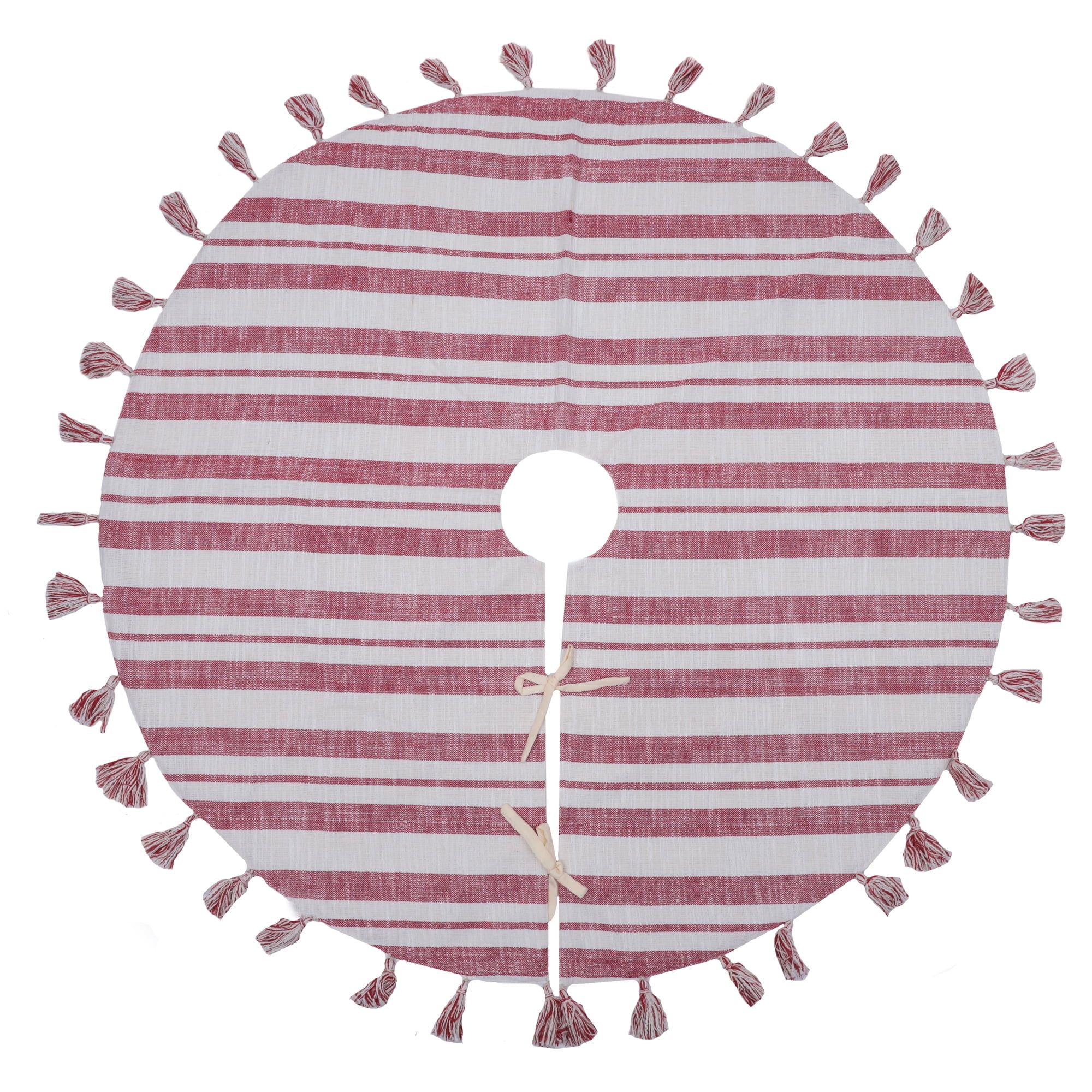 Red and White Striped Cotton Christmas Tree Skirt with Tassels