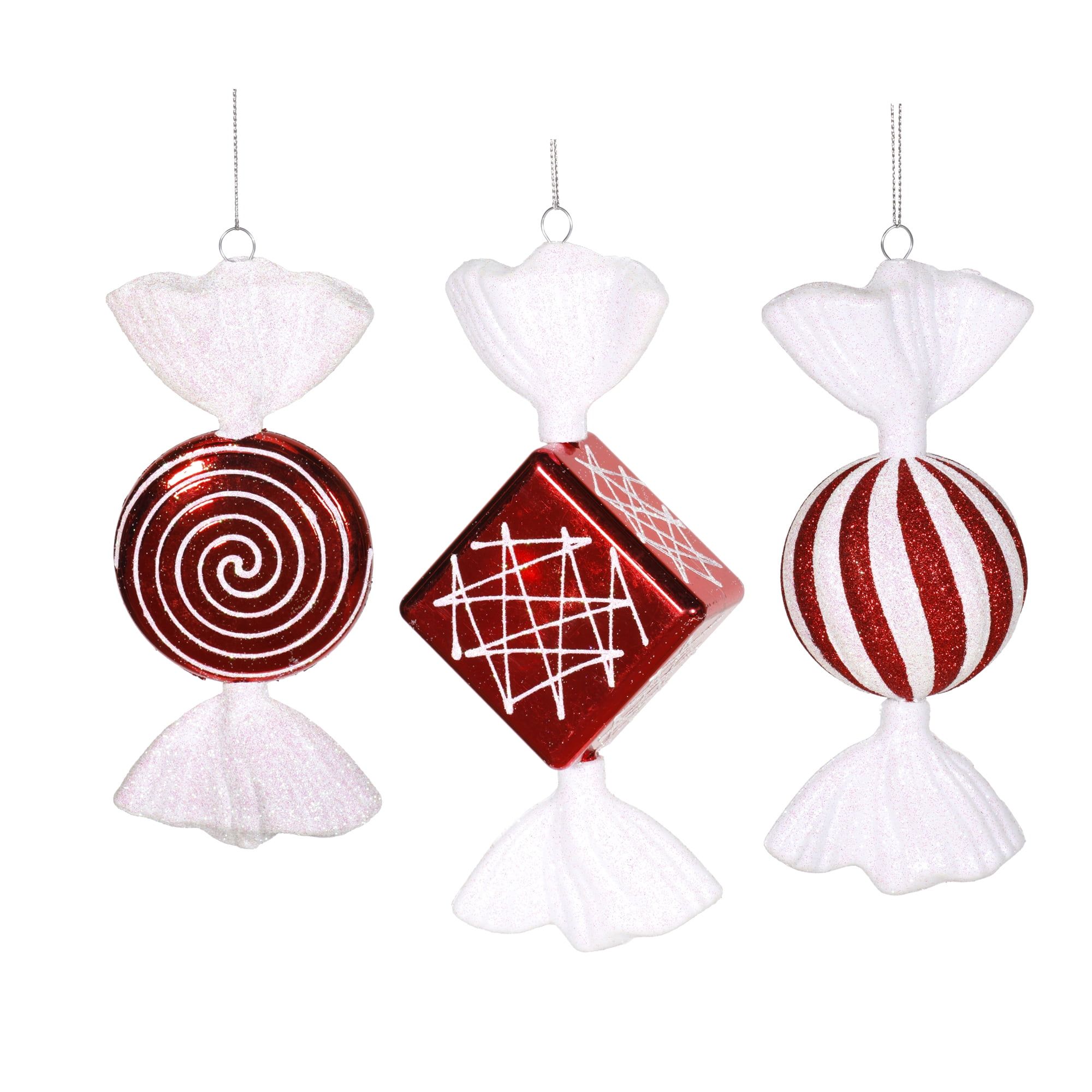 8" Red and White Shiny Peppermint Candy Ornaments Set