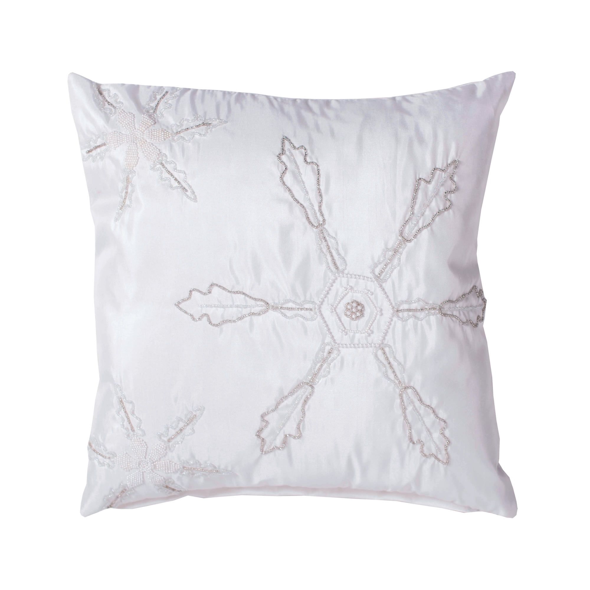 White Polysilk Embroidered Snowflake 18" x 18" Throw Pillow