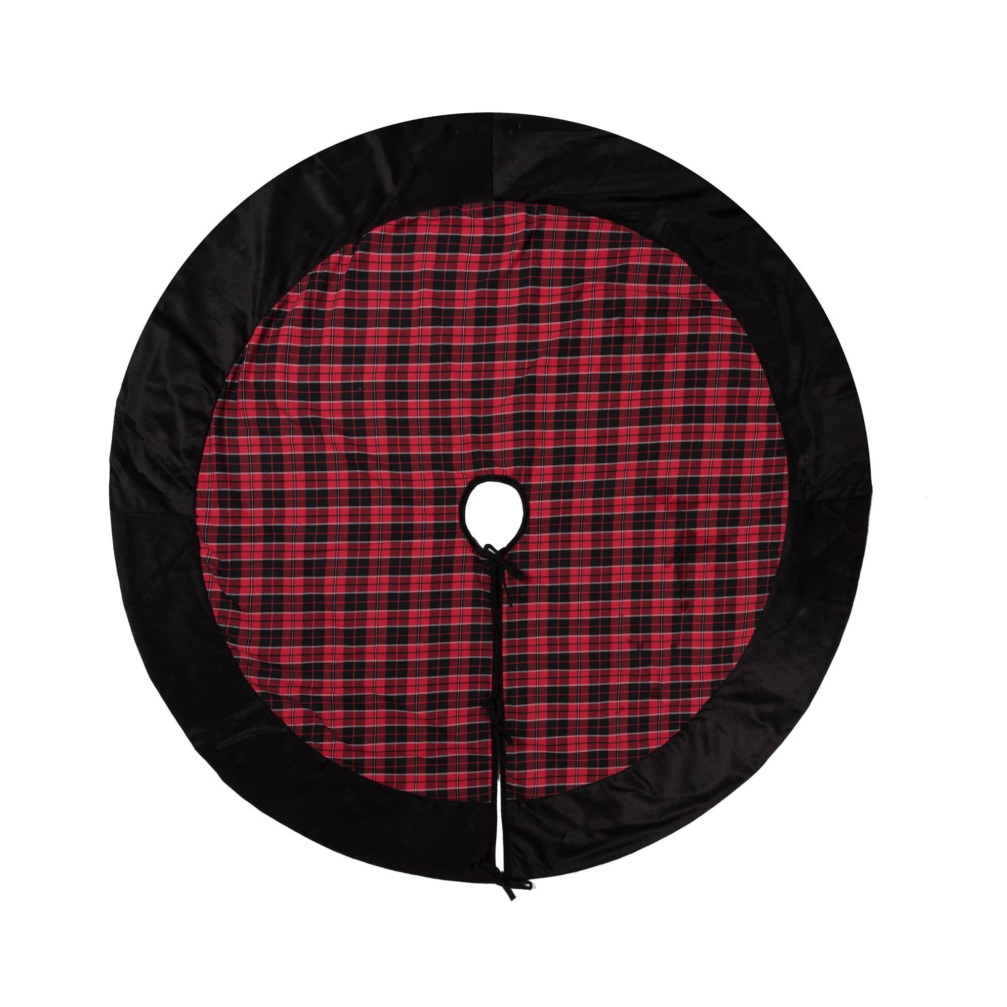 60" Red and Black Plaid Christmas Tree Skirt with Velvet Border