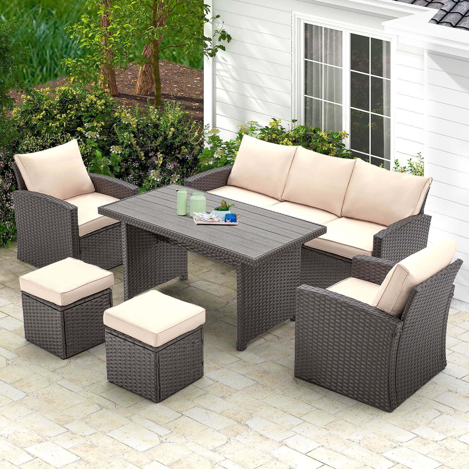 Beige 7-Person Wicker Rattan Patio Furniture Set with Cushions