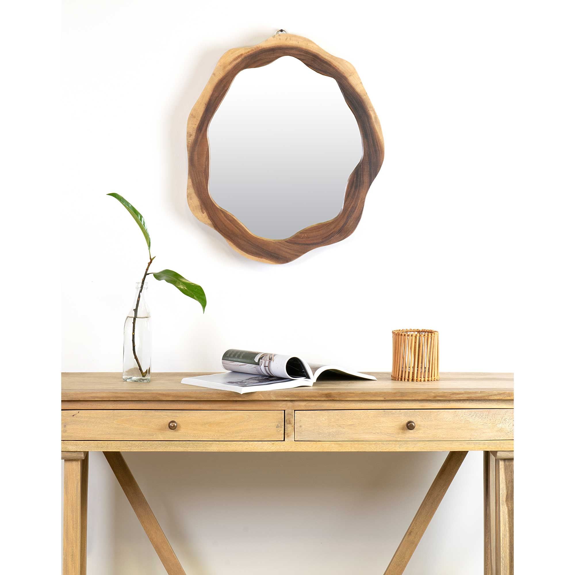 24" Round Natural Brown Solid Wood Asymmetrical Wall Mirror