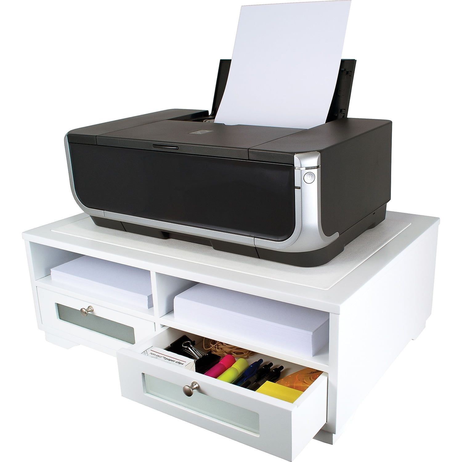 White Wood Printer Stand with Drawers and Shelves