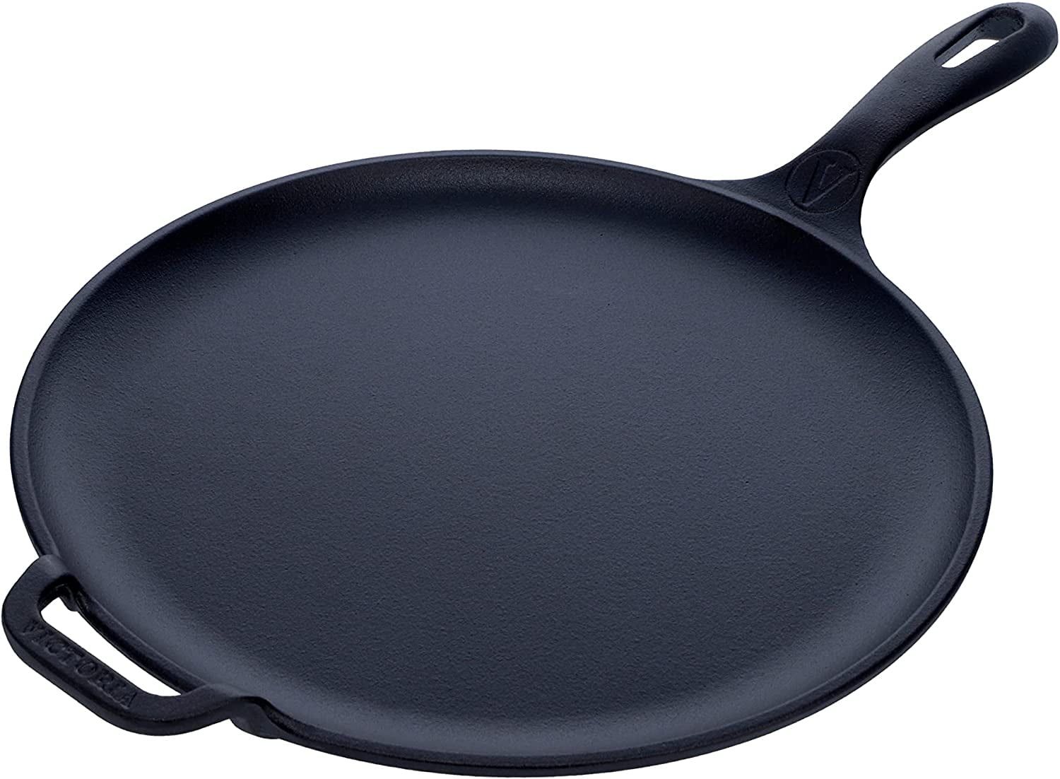 Victoria 12" Black Cast Iron Round Griddle Pan with Long Handle