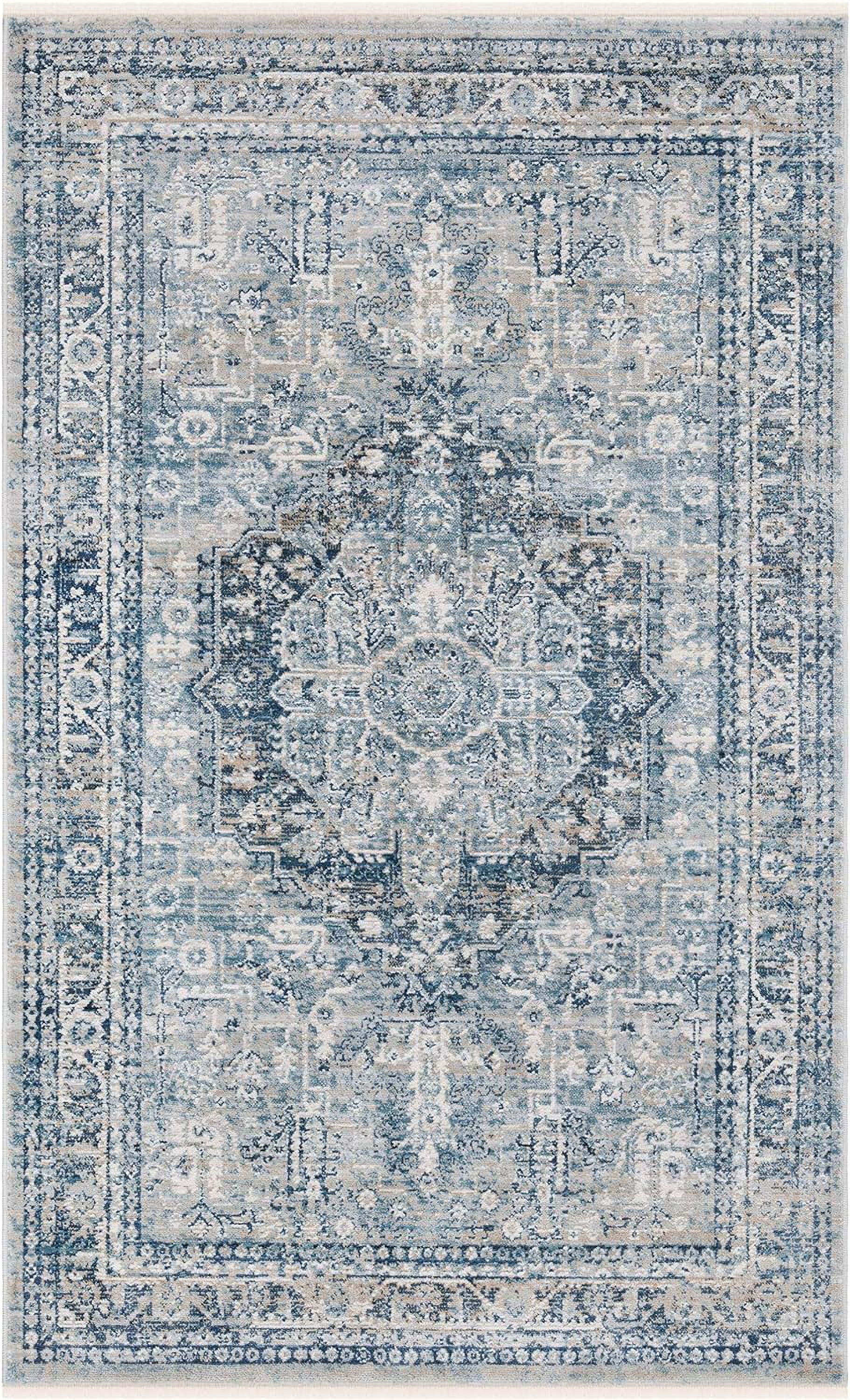 Elegant Blue-Grey Vintage Medallion 2'2"x4' Synthetic Area Rug