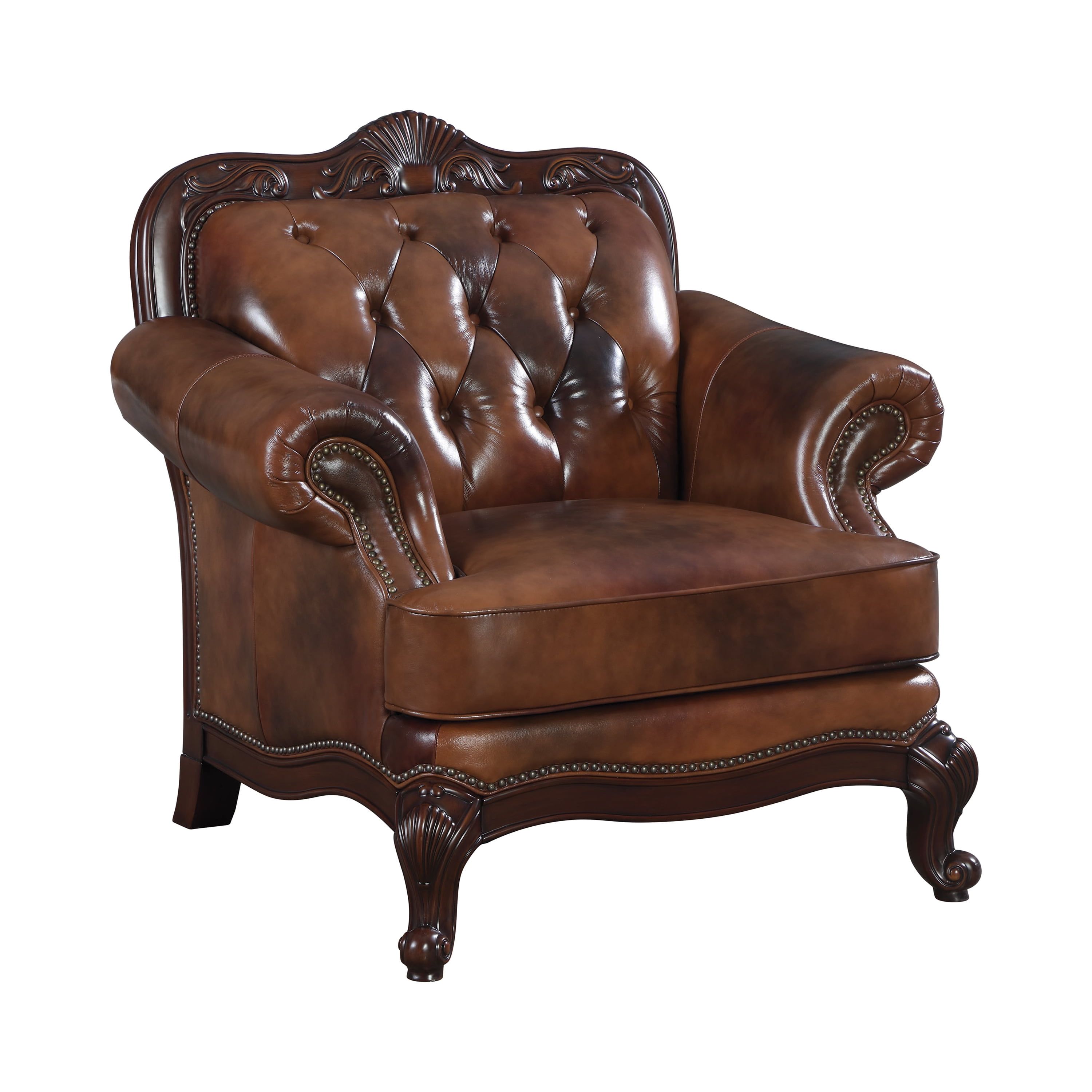 Victoria Rolled Arm Leather Chair with Button-Tufted Back in Warm Brown