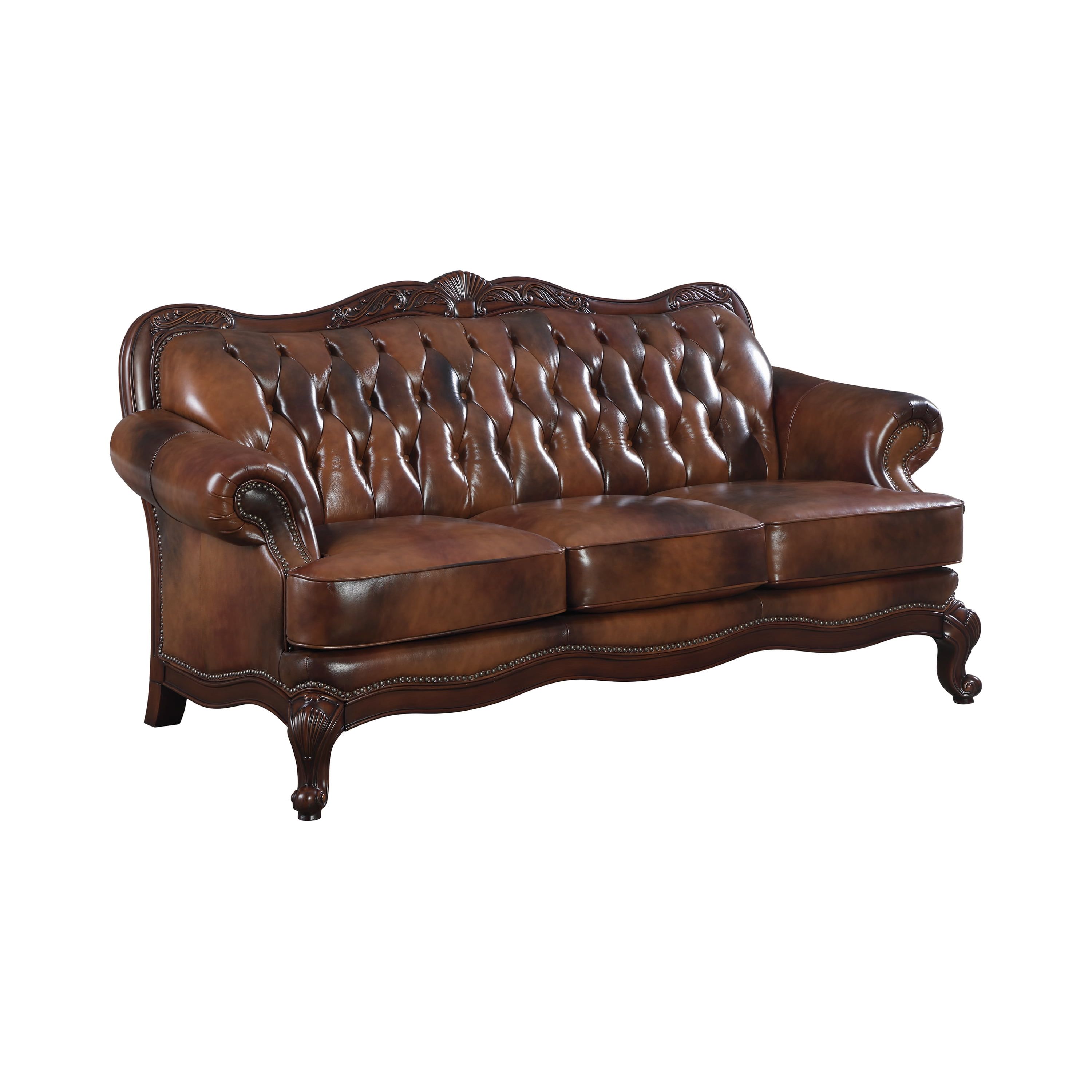 Victoria Brown Tufted Leather Rolled Arm Sofa