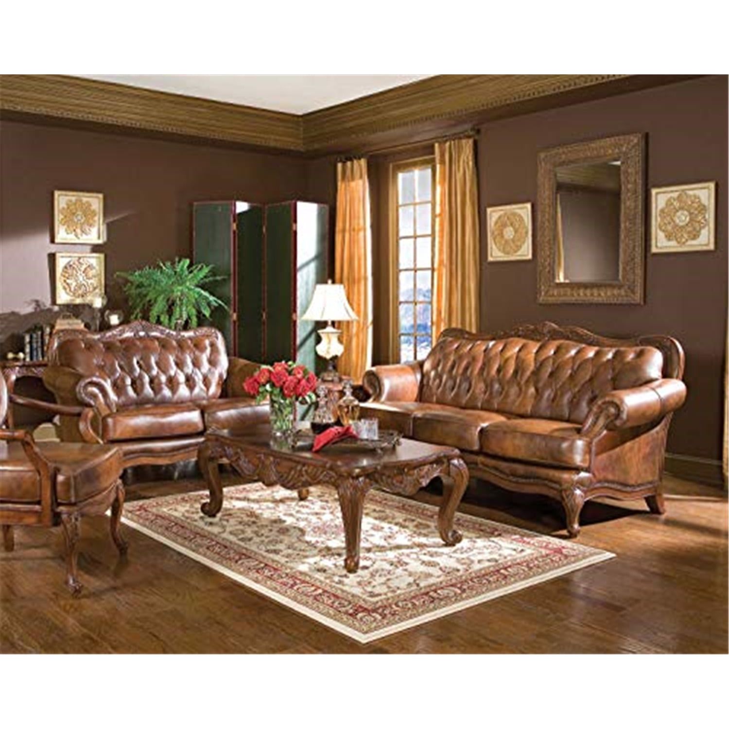 Victoria Brown Leather Tufted Sofa and Loveseat Set