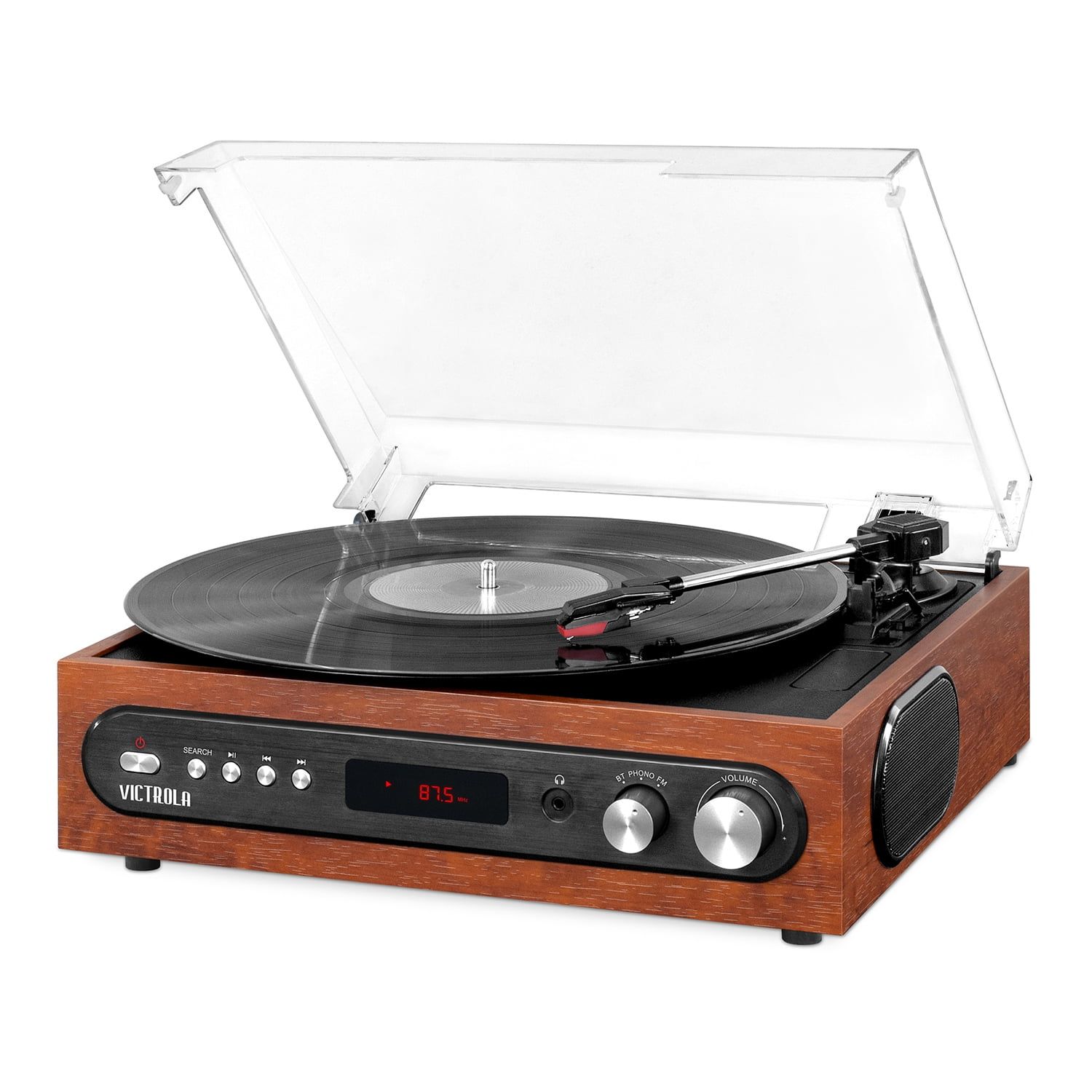 Mahogany Bluetooth Record Player with AM/FM Radio and 3-Speed Turntable