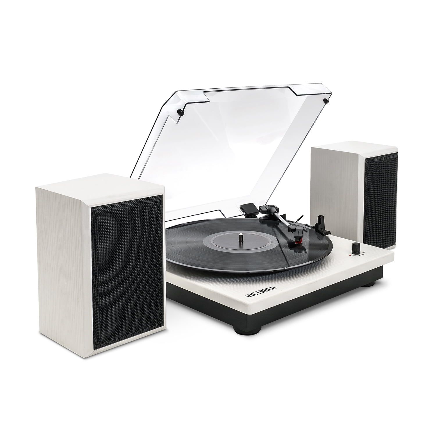 White Wood 3-Speed Bluetooth Turntable with Bookshelf Speakers