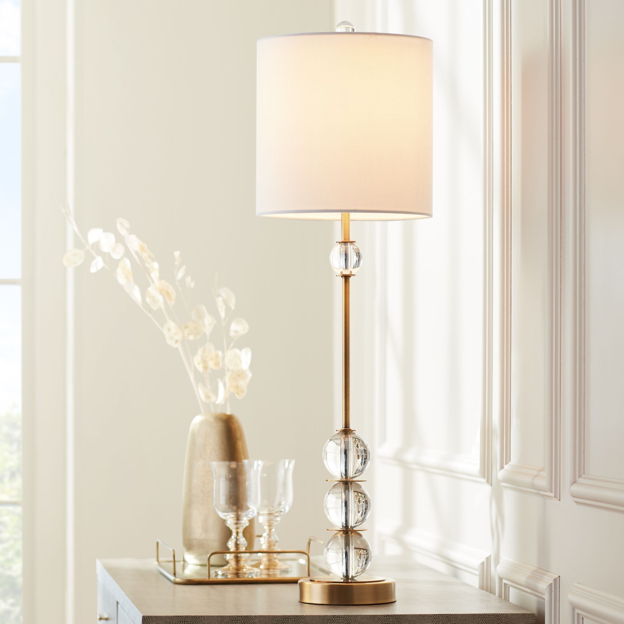 Vienna Brass and Crystal Art Deco Table Lamp with White Shade