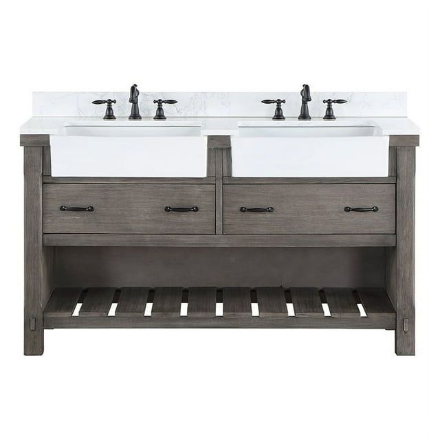 Classical Grey Double Sink Freestanding Bathroom Vanity with White Stone Top
