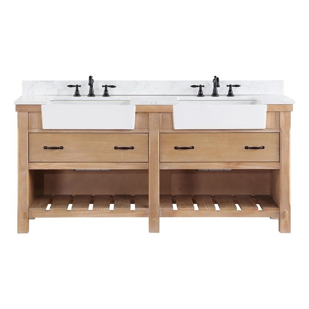 Weathered Pine Double Sink Vanity with White Stone Top