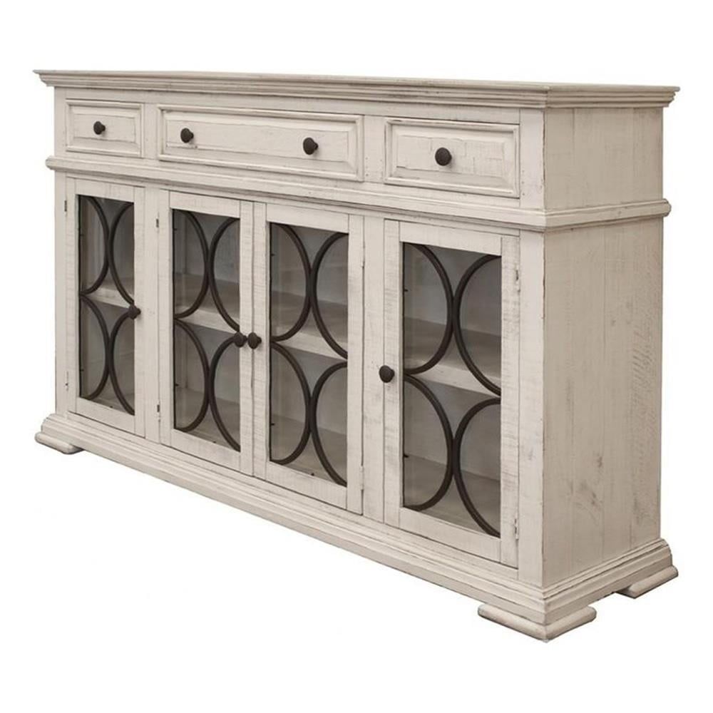 Vineyard Distressed Off-White Pine Wood Sideboard with Metal Circle Design