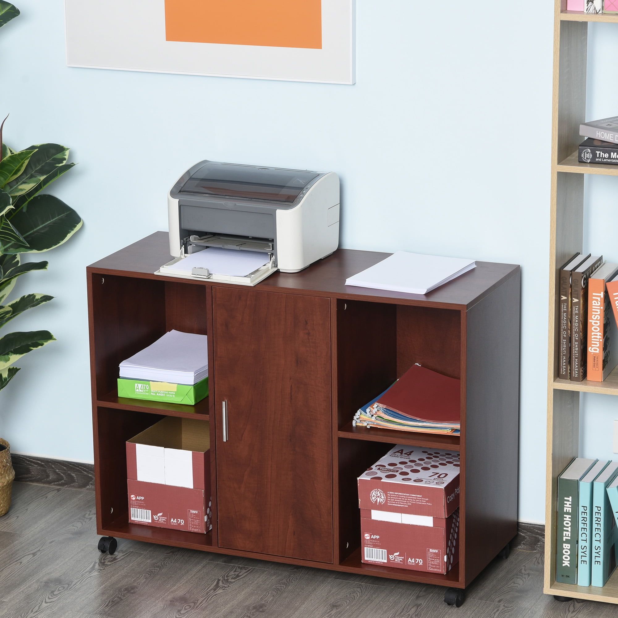 Brown Mobile File Cabinet with Storage and Printer Stand