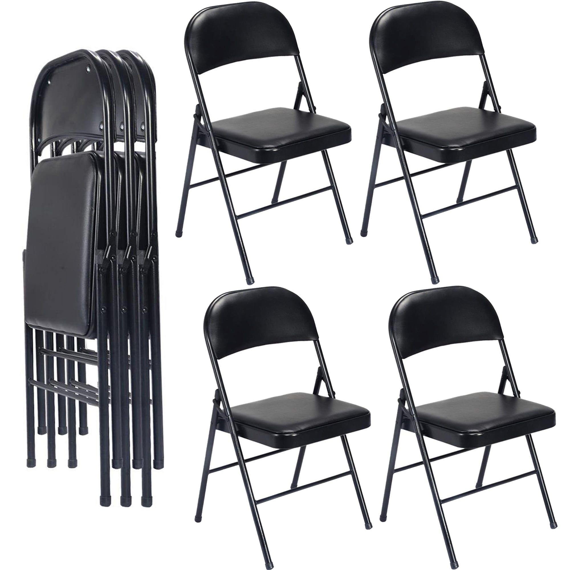 Black Folding Chairs with Padded Seats, Set of 4