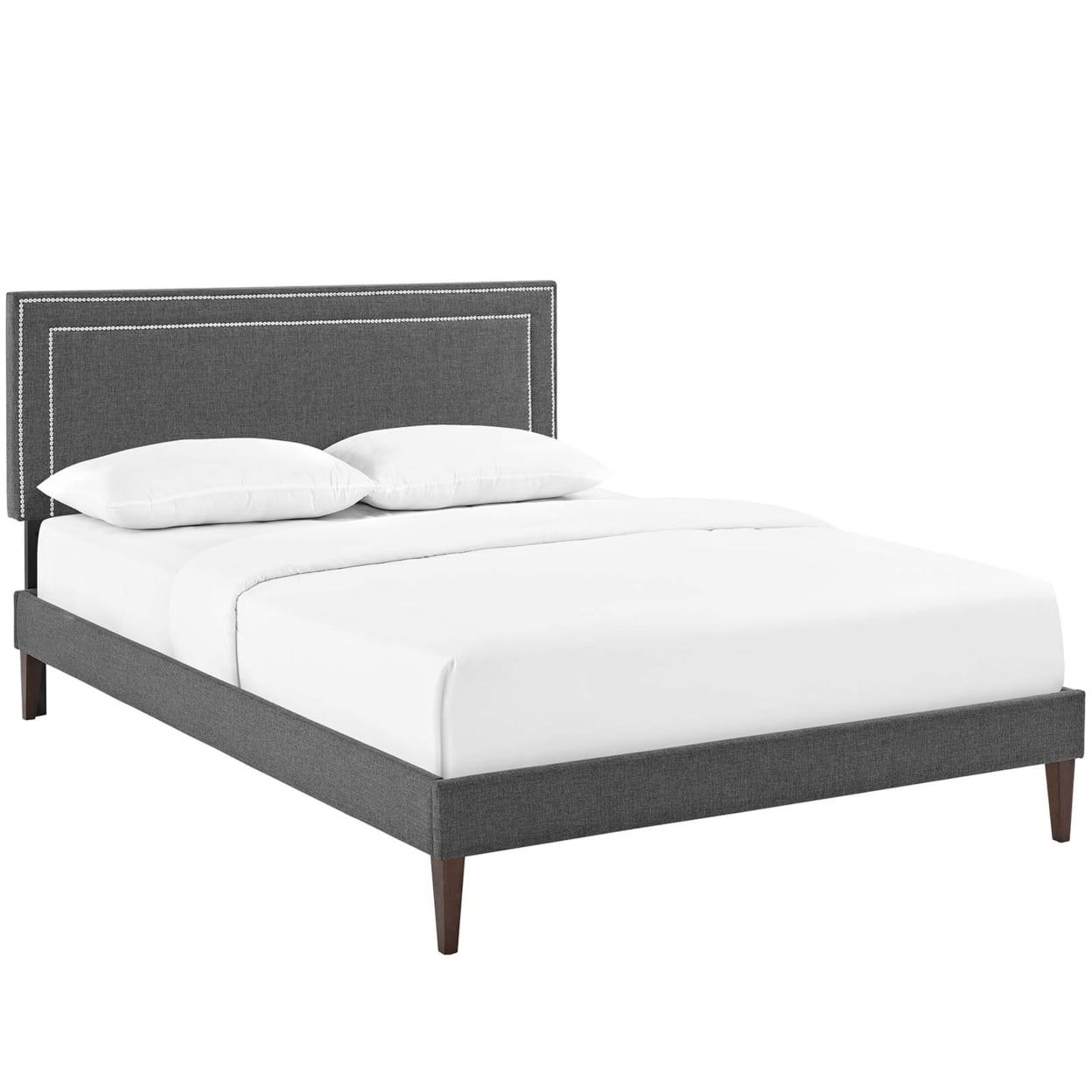 Mid-Century Modern Gray Full/Double Upholstered Bed with Nailhead Trim