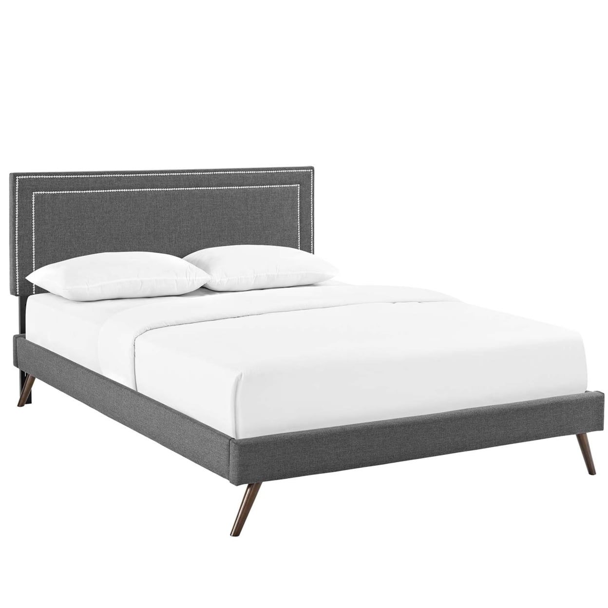 Gray Queen Upholstered Platform Bed with Nailhead Trim