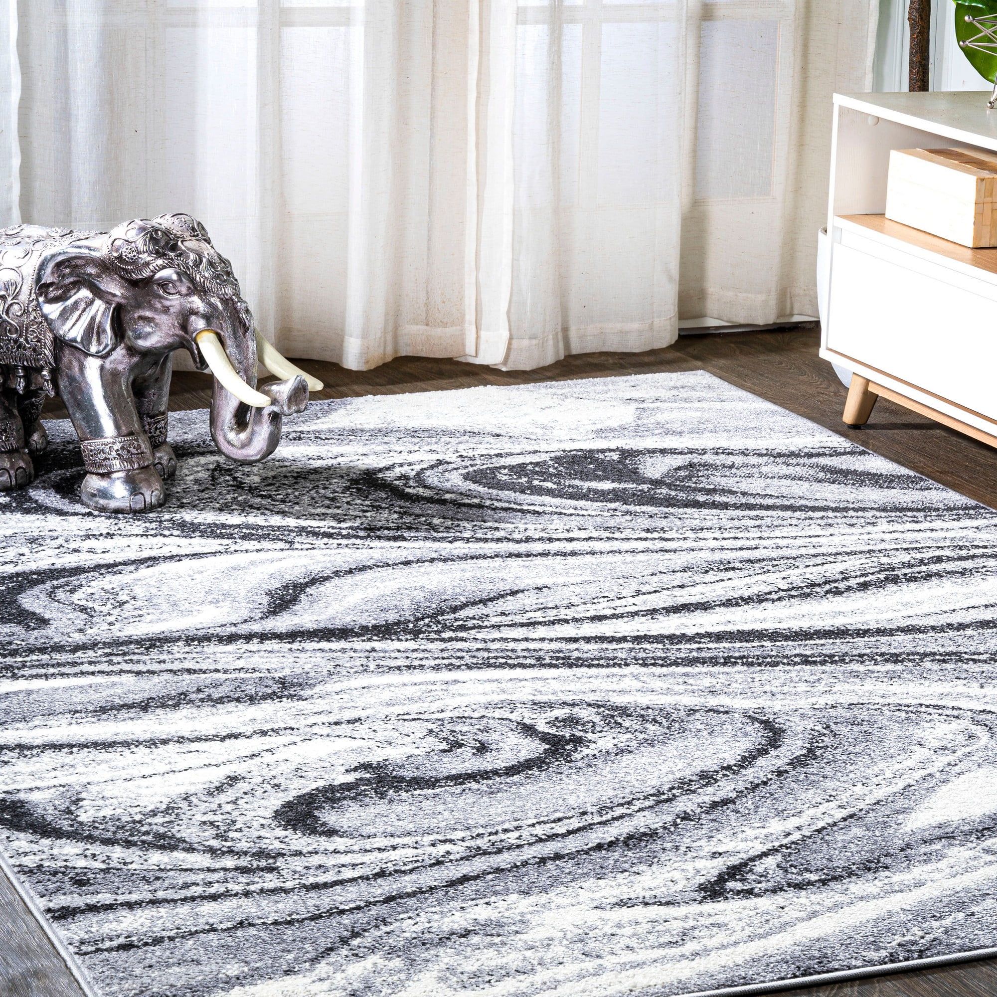 Charcoal and Ivory Abstract Swirl 3x5 Synthetic Area Rug