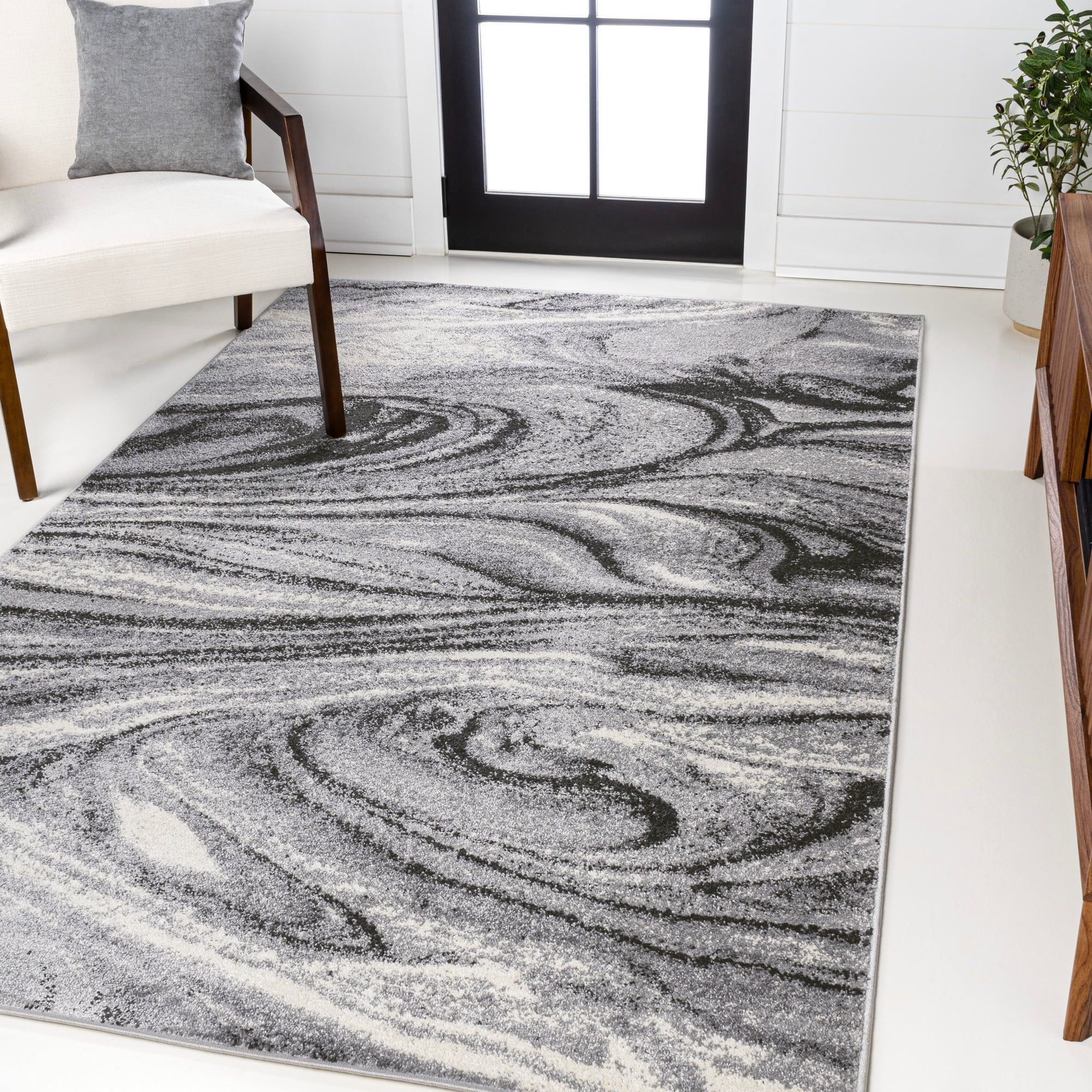 Charcoal and Ivory Abstract Swirl 3x5 Synthetic Area Rug