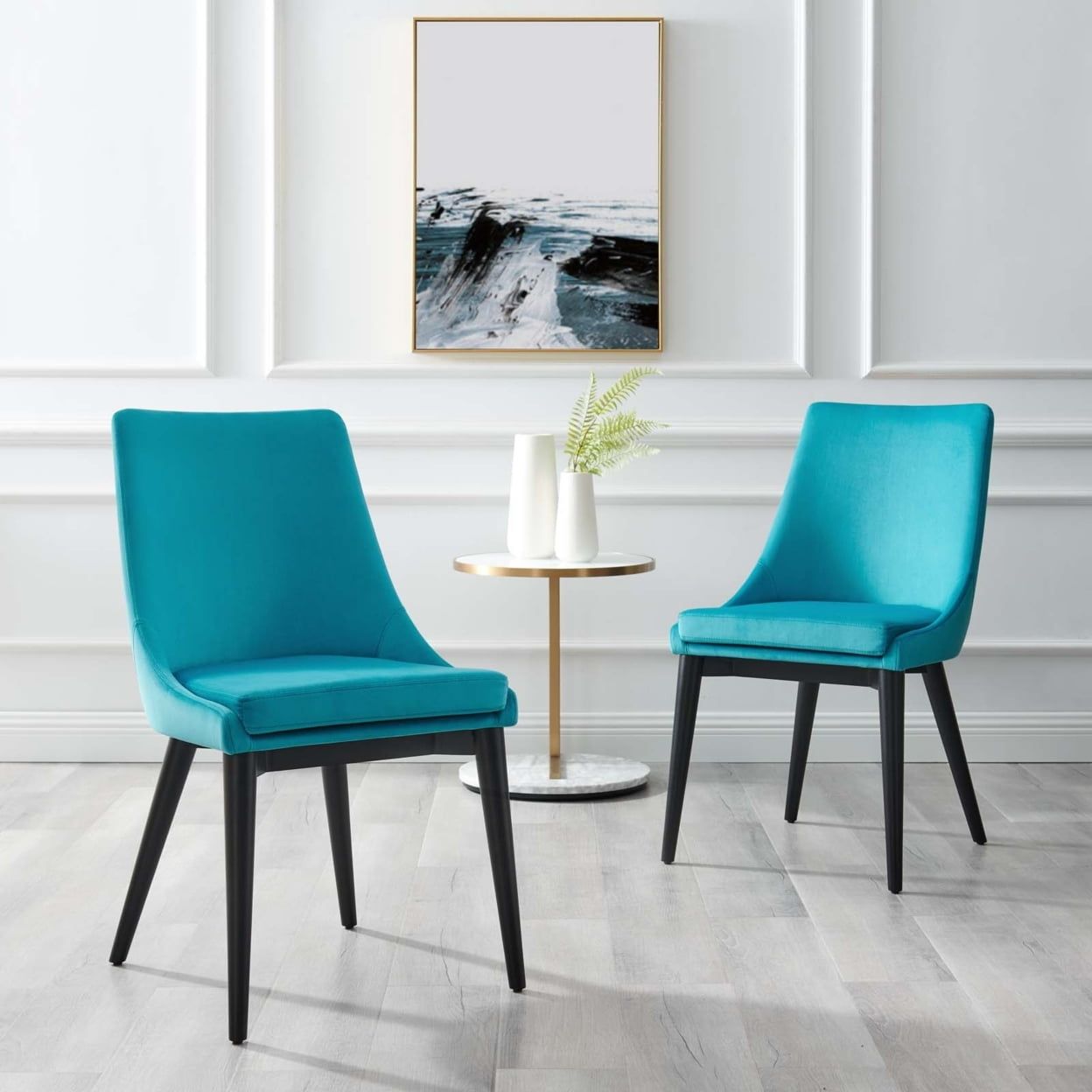 Blue Velvet Upholstered Dining Chairs with Black Wood Legs, Set of 2