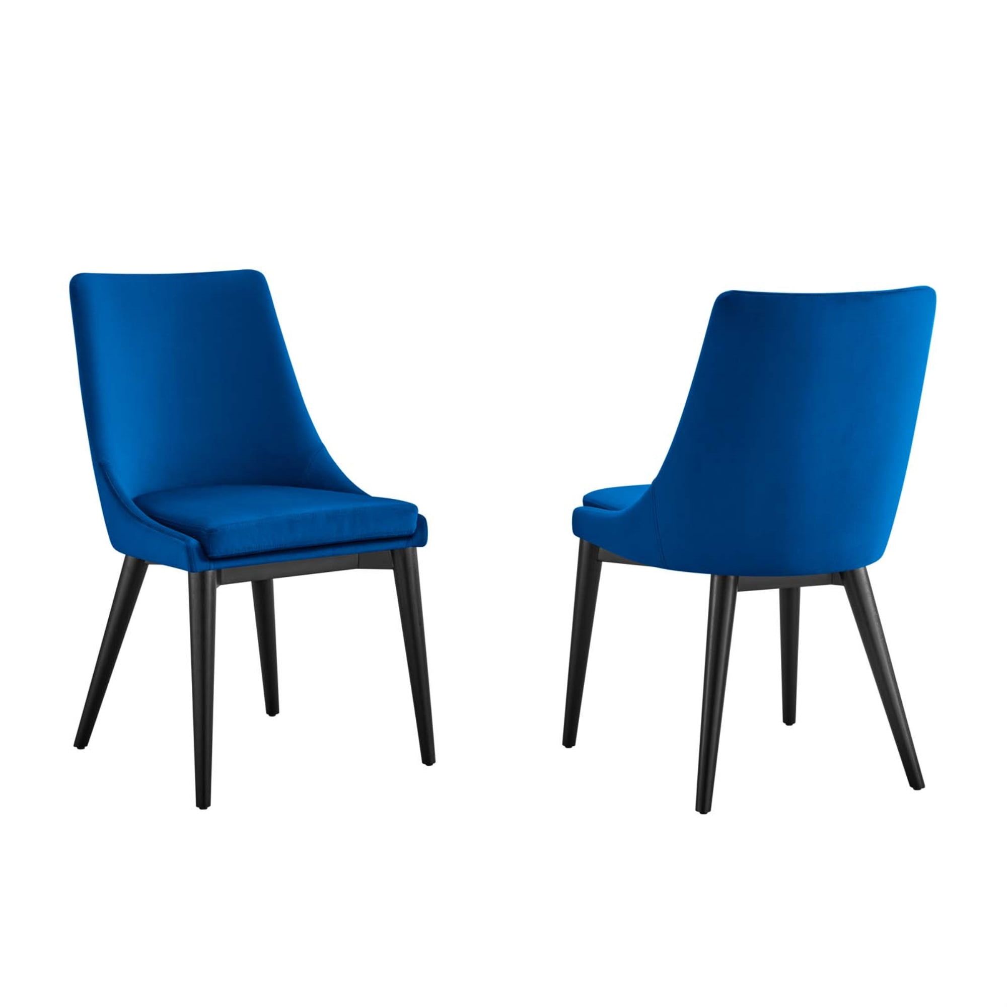 Blue Velvet Upholstered Dining Chairs with Black Wood Legs, Set of 2