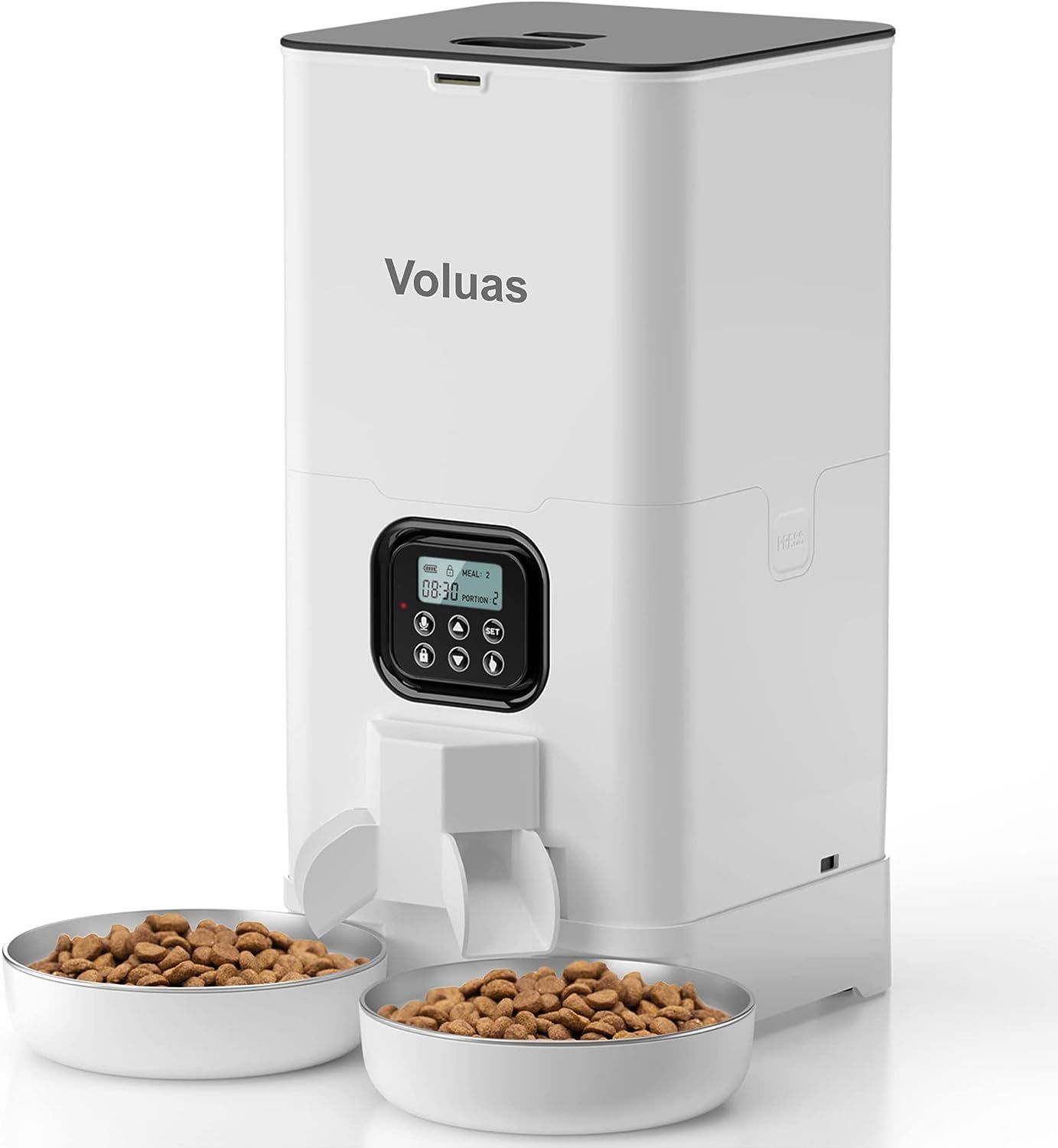 Voluas 6L White Automatic Double Cat Feeder with Stainless Steel Bowls