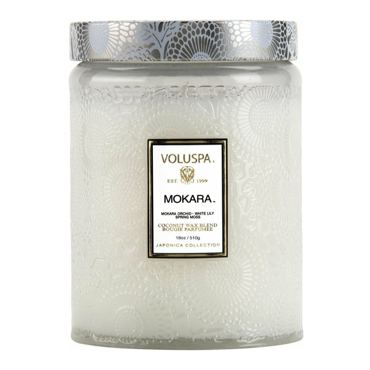 Mokara White Embossed Glass Jar Candle, 18oz