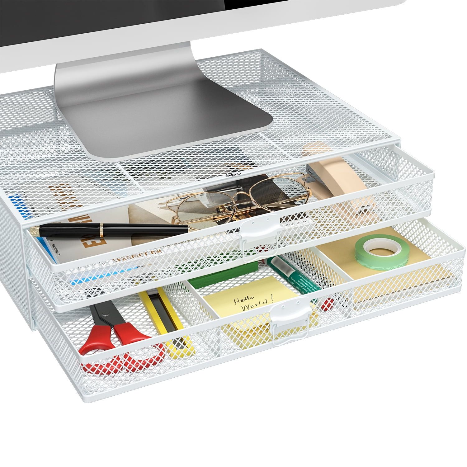 White Metal Mesh Monitor Riser with Storage Drawers